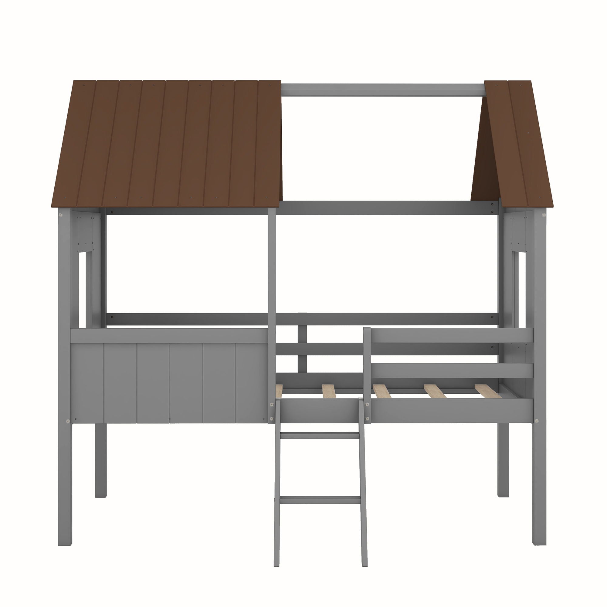 Twin Size Low Loft House Bed With Two Side Windows - Gray / Brown