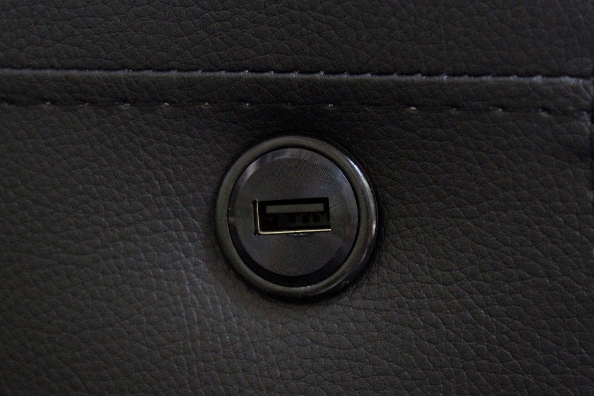 Genesis 85"W Black PVC Fabric Sofa with LED Lights, USB Charger, Storage Console, Cupholders, Tufted Cushions