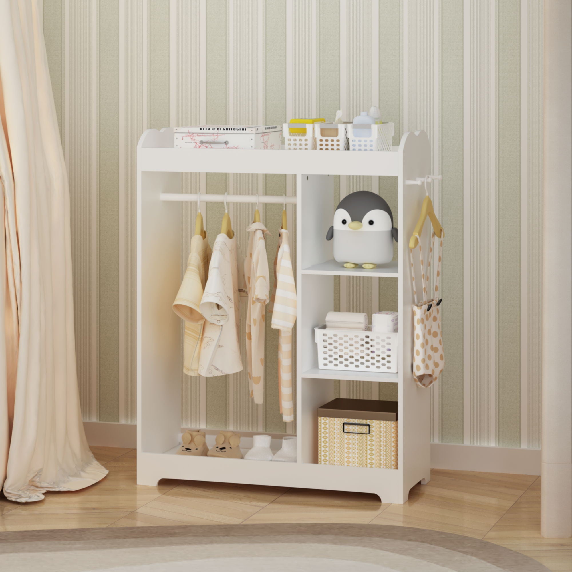 Dress Up Storage With Mirror And Hooks, Clothes Rack With Hanging Rod, 3 Side Hooks, Open Shelves, Top Shelf Organizer - White