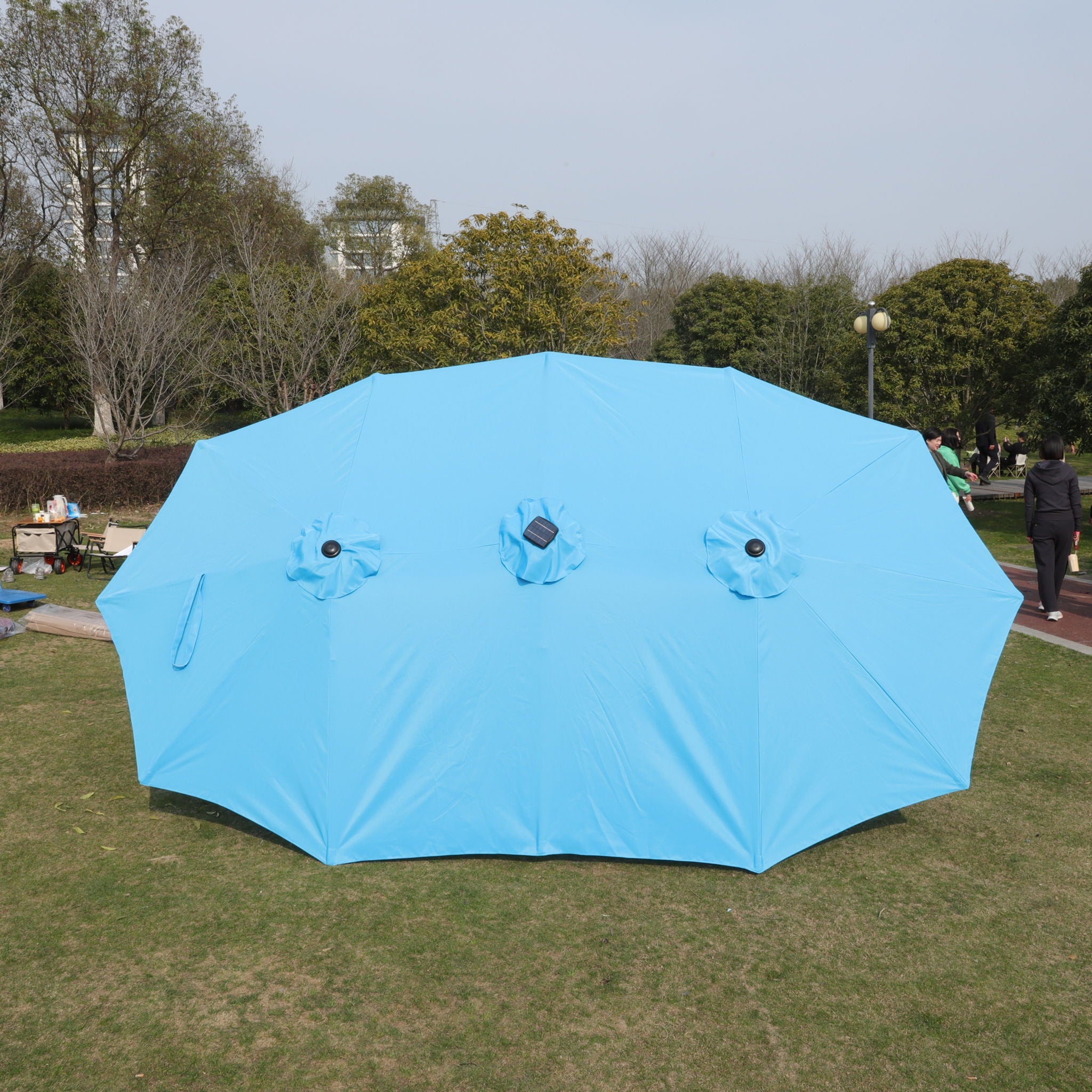 Double- Sided Outdoor Market Umbrella With Lights And Base