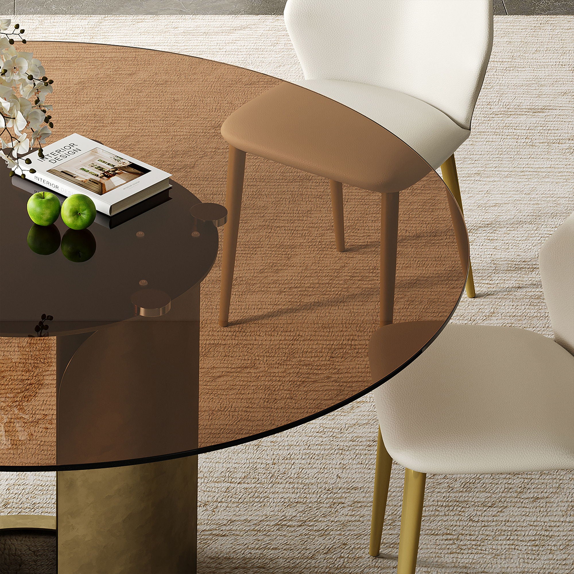 Round Dining Table With Glass Top, Kitchen And Living Room Furniture - Brown