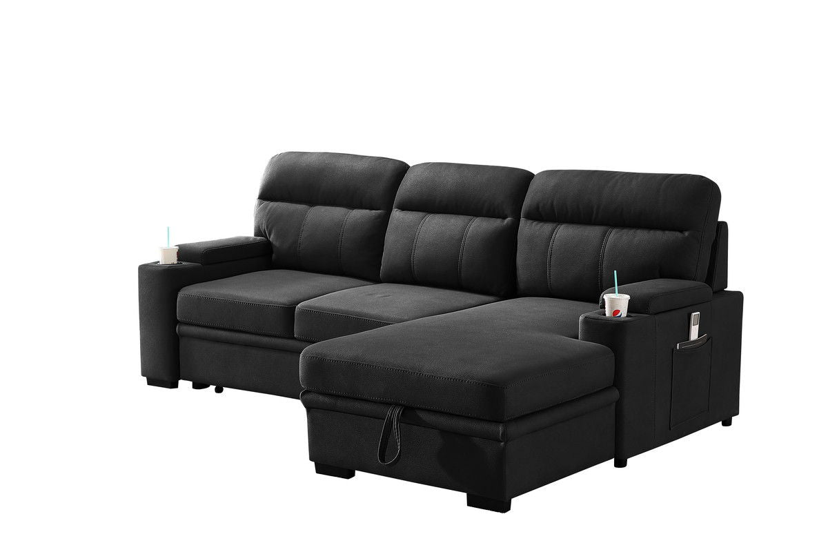 Kaden 94"W Black Fabric Sleeper Sectional Sofa Chaise with Storage Arms and Cupholder