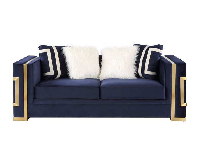 ACME Virrux - Loveseat - Blue Velvet & Gold Finish | Meri Furniture