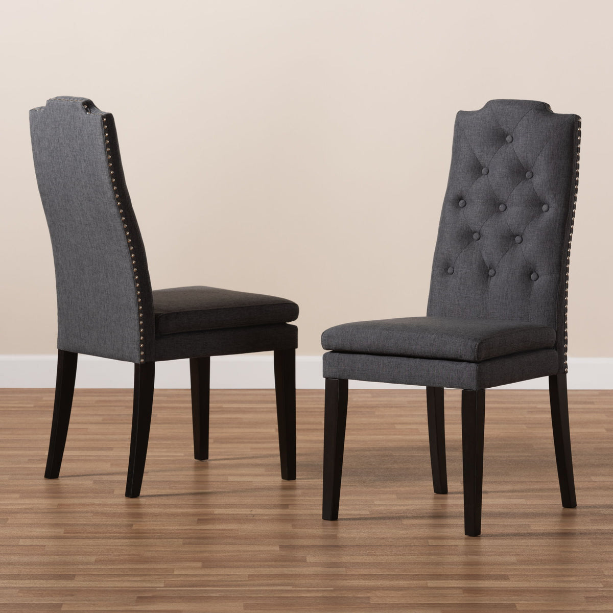 Dylin Modern and Contemporary Charcoal Fabric Upholstered Button Tufted Wood Dining Chair Set of 2