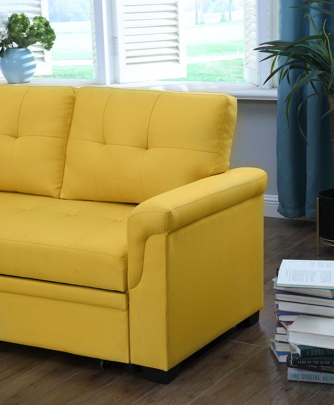 Lucca 84"W Yellow Linen Reversible Sleeper Sectional Sofa with Storage Chaise