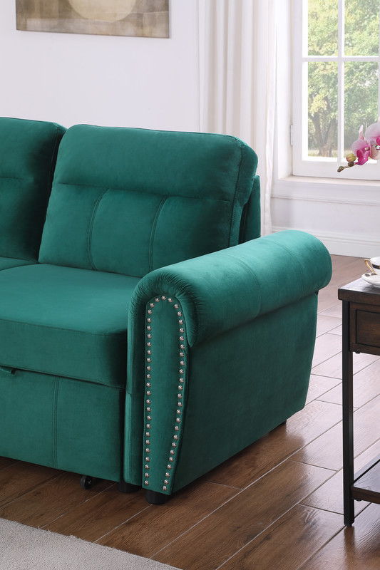 Ashton 96.5"W Green Velvet Fabric Reversible Sleeper Sectional Sofa Chaise