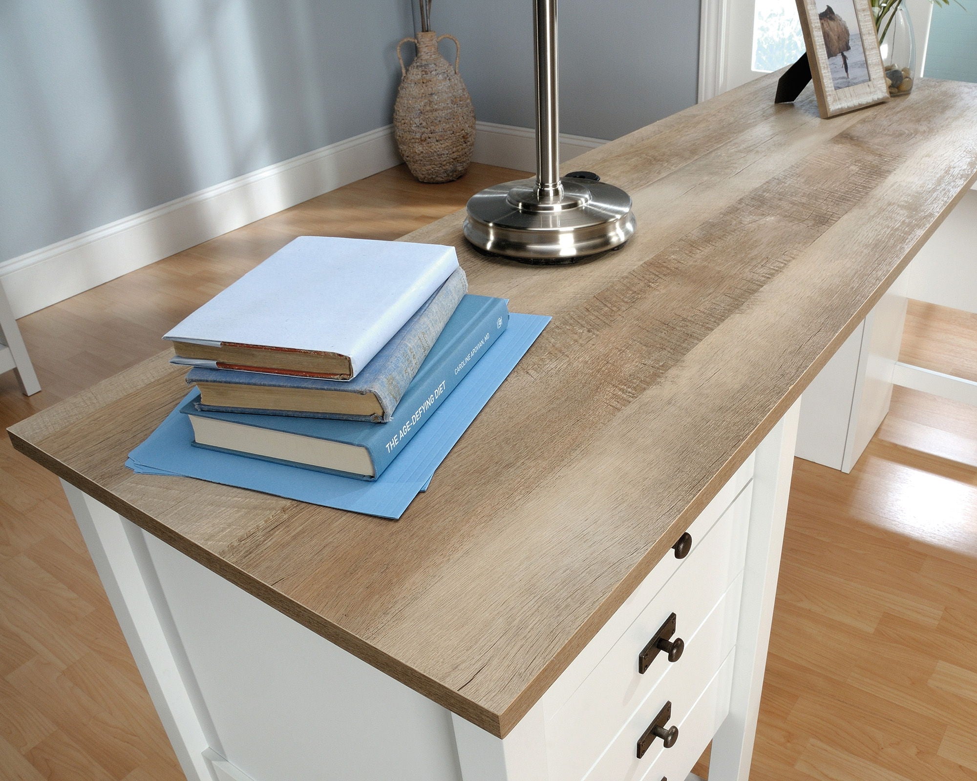White L-Shaped Desk with Oak Finished Top