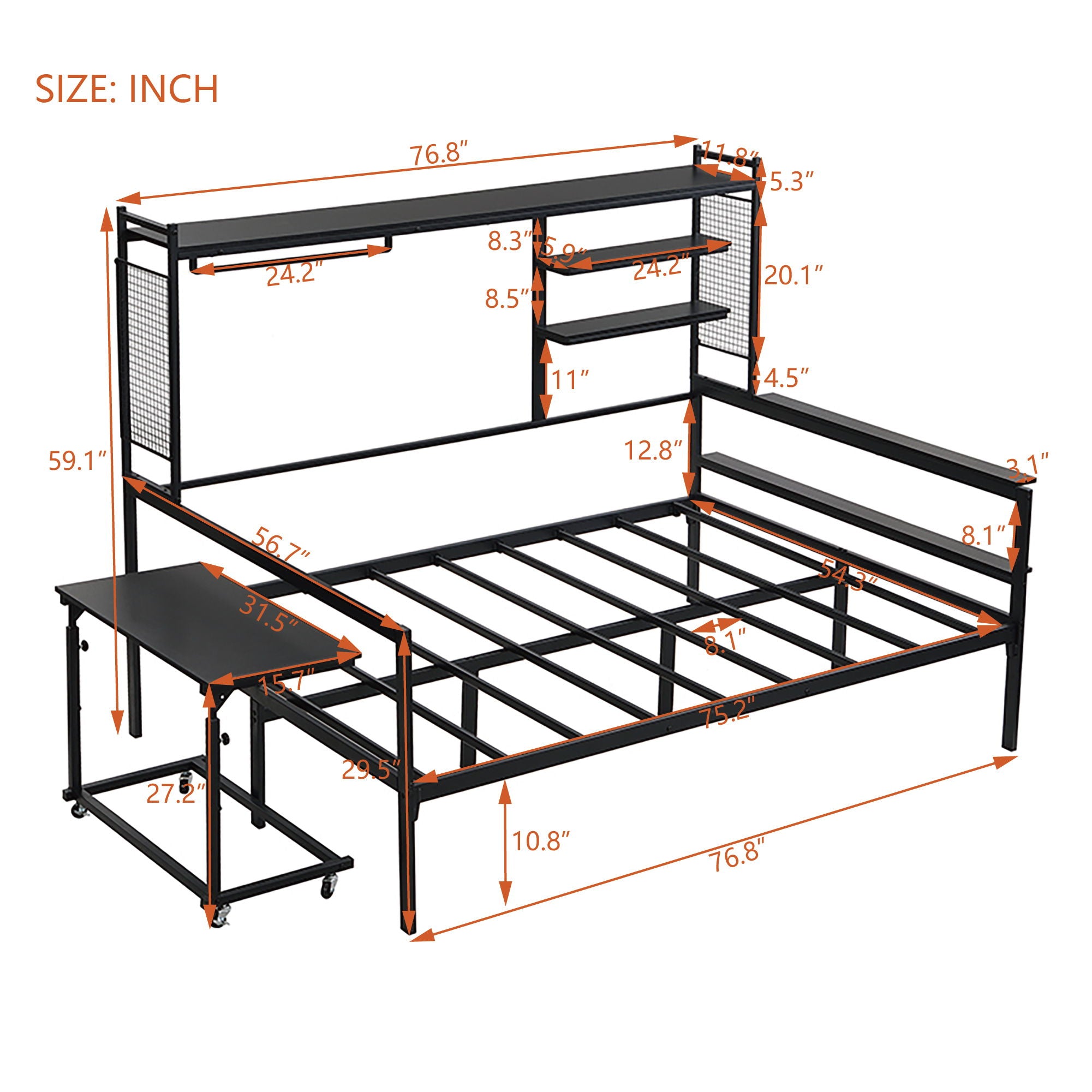 Daybed With Movable Desk, Grid, Shelves And Clothes Hanger