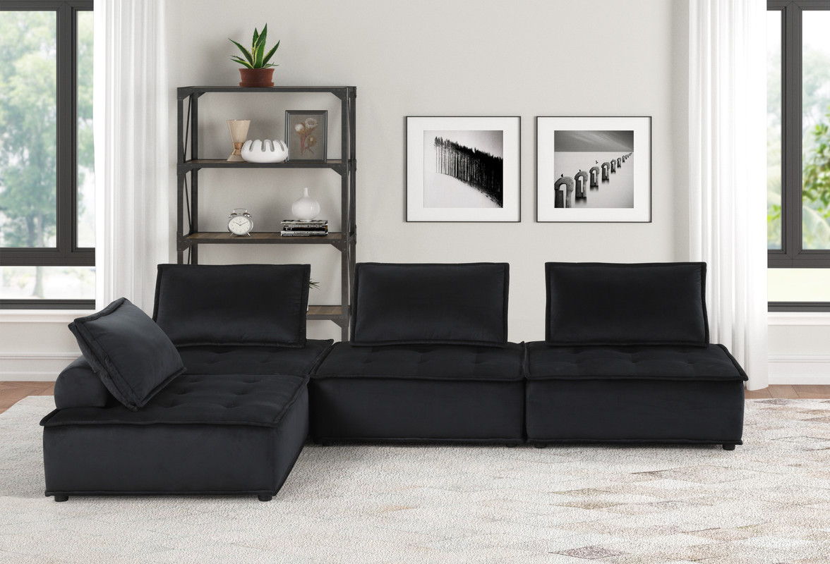 Anna 160"W Black Velvet 4-Seater Modular Sofa