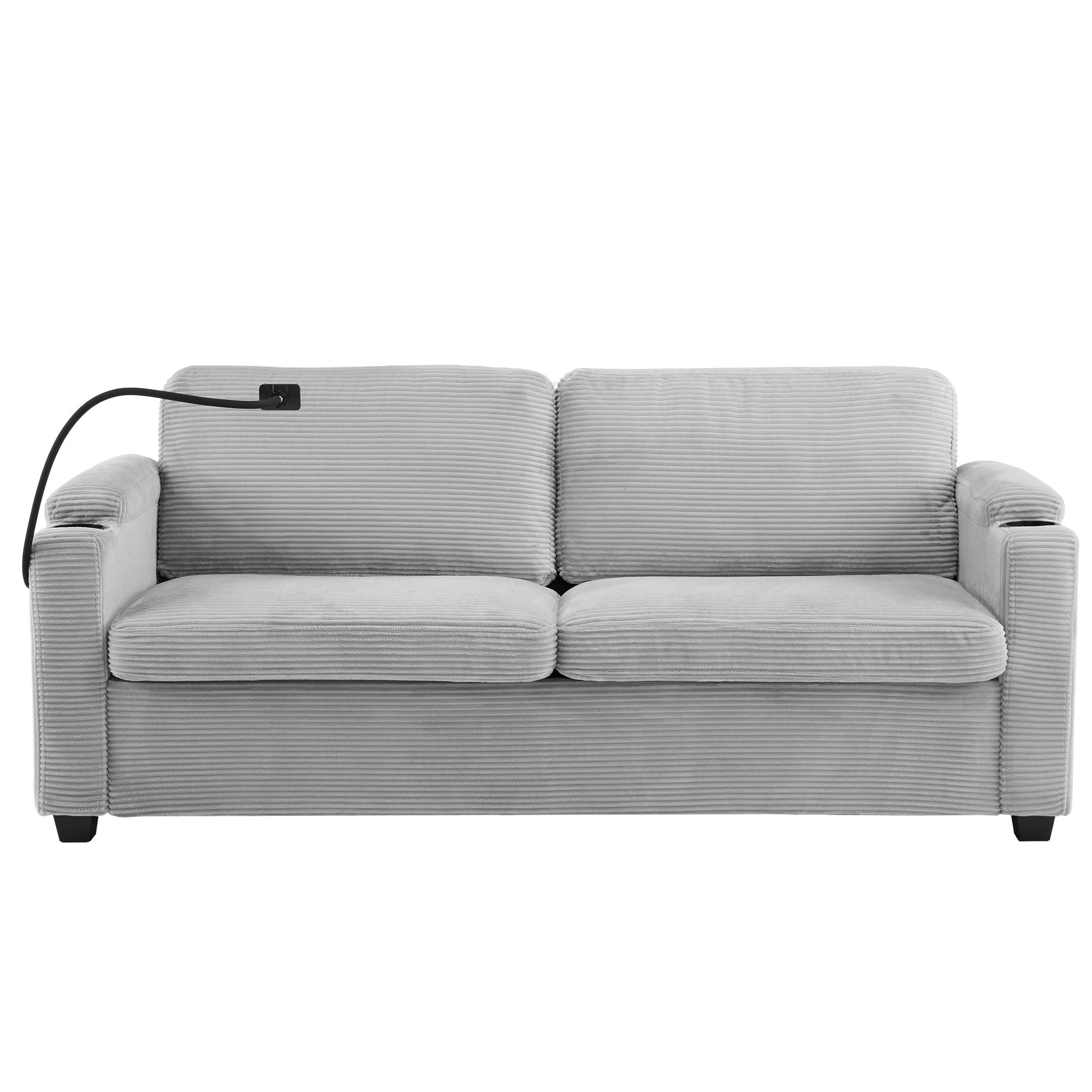 Corduroy Sleeper Sofa Loveseat Sofa With Full Size Mattress, 2 USB Ports, 2 Cup Holders, 2 Side Pockets And Phone Holder