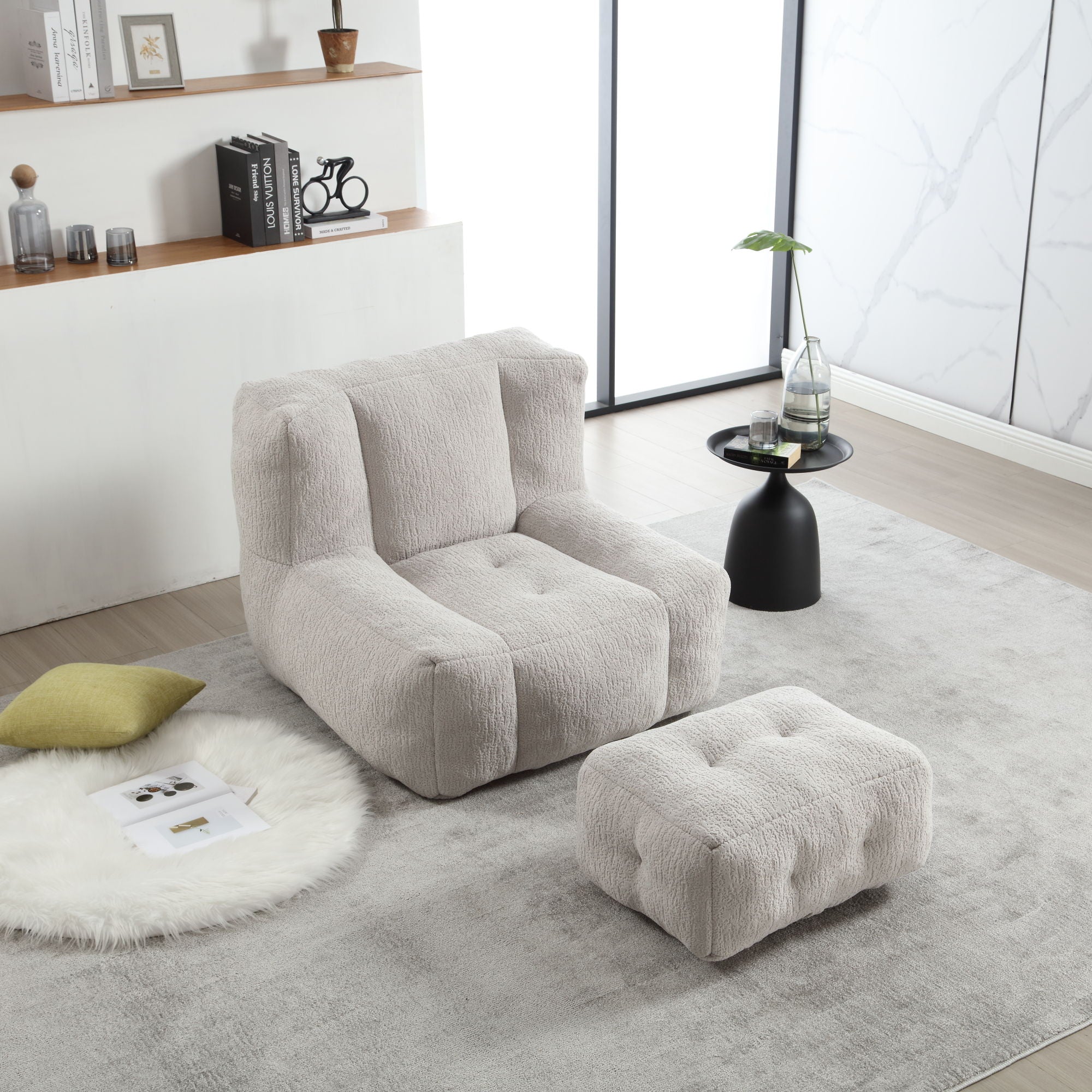 Modern Indoor Fluffy Bean Bag Chair With Memory Foam And Ottoman, Super Soft
