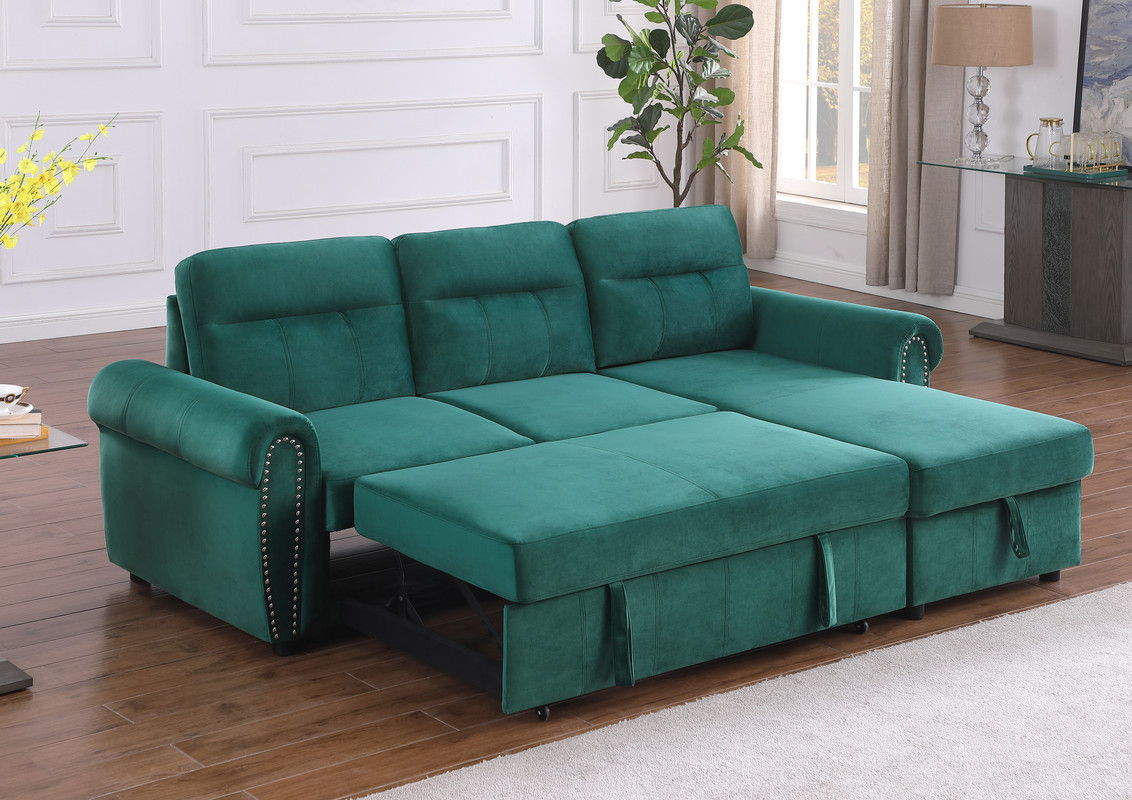 Ashton 96.5"W Green Velvet Fabric Reversible Sleeper Sectional Sofa Chaise