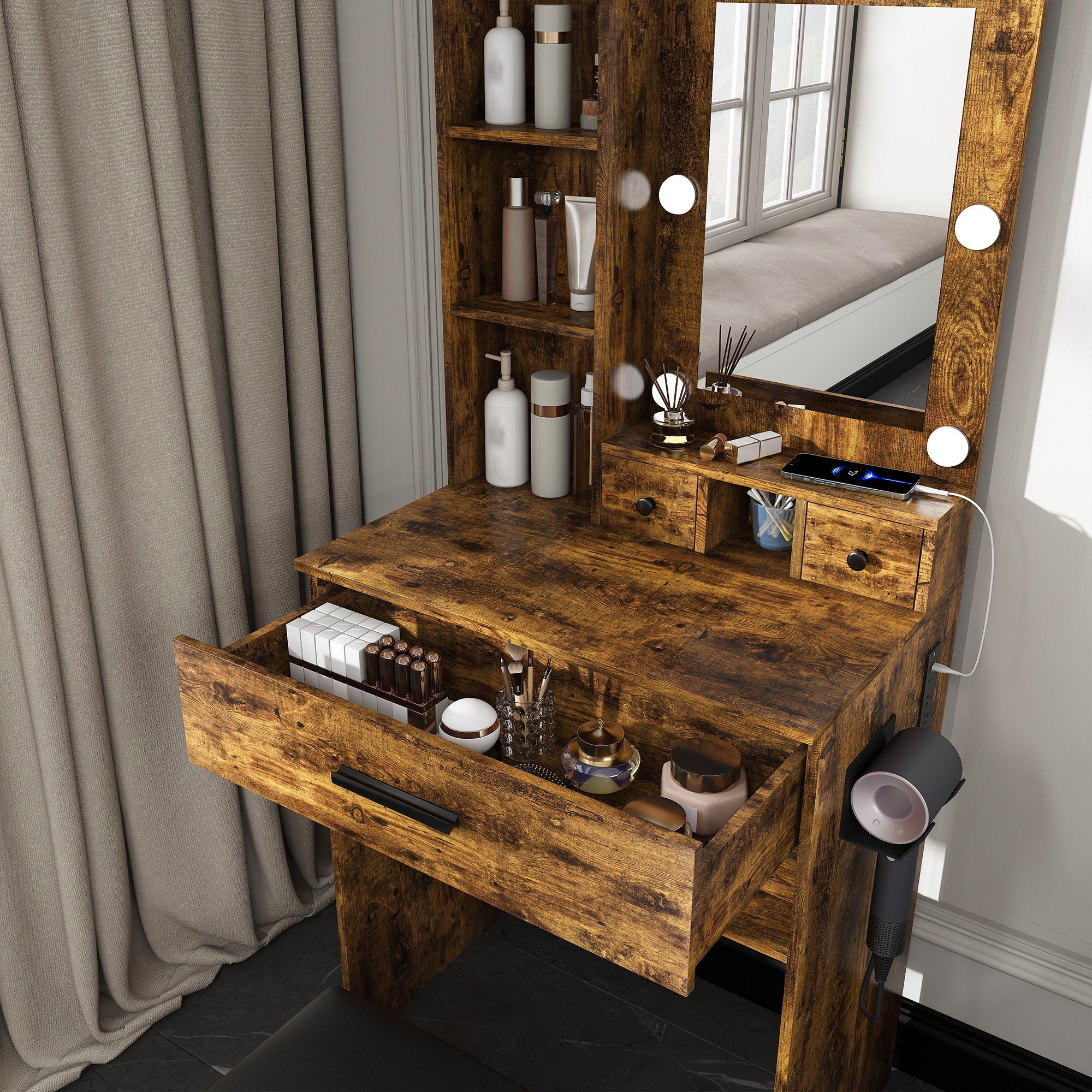 Vanity Table With Mirror, Adjustable LED Lights, Power Outlet, Hairdryer Holder & Stool