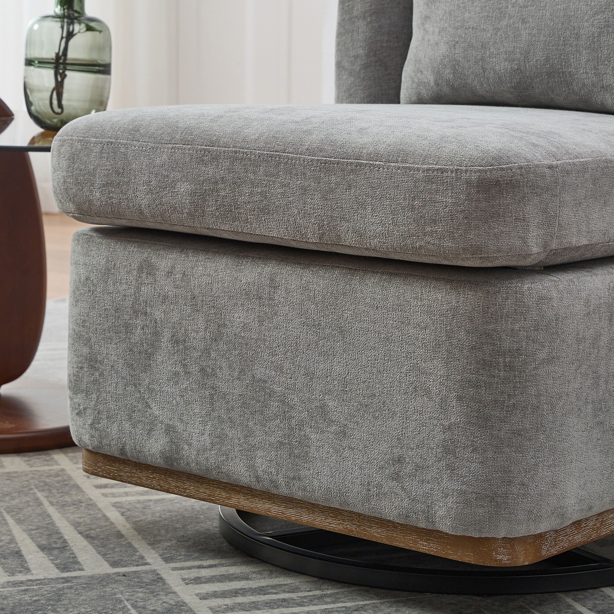 Wide Modern Chenille Cushioned Armless Metal Base 360° Swivel Chair With Pillow