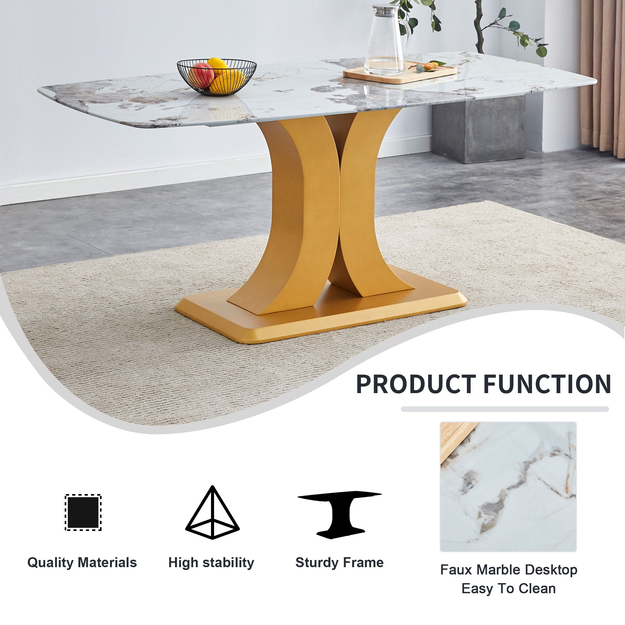 Modern Minimalist Dining Table With Imitation Marbled Glass Top And Legs For Kitchen And Living Room - Gold