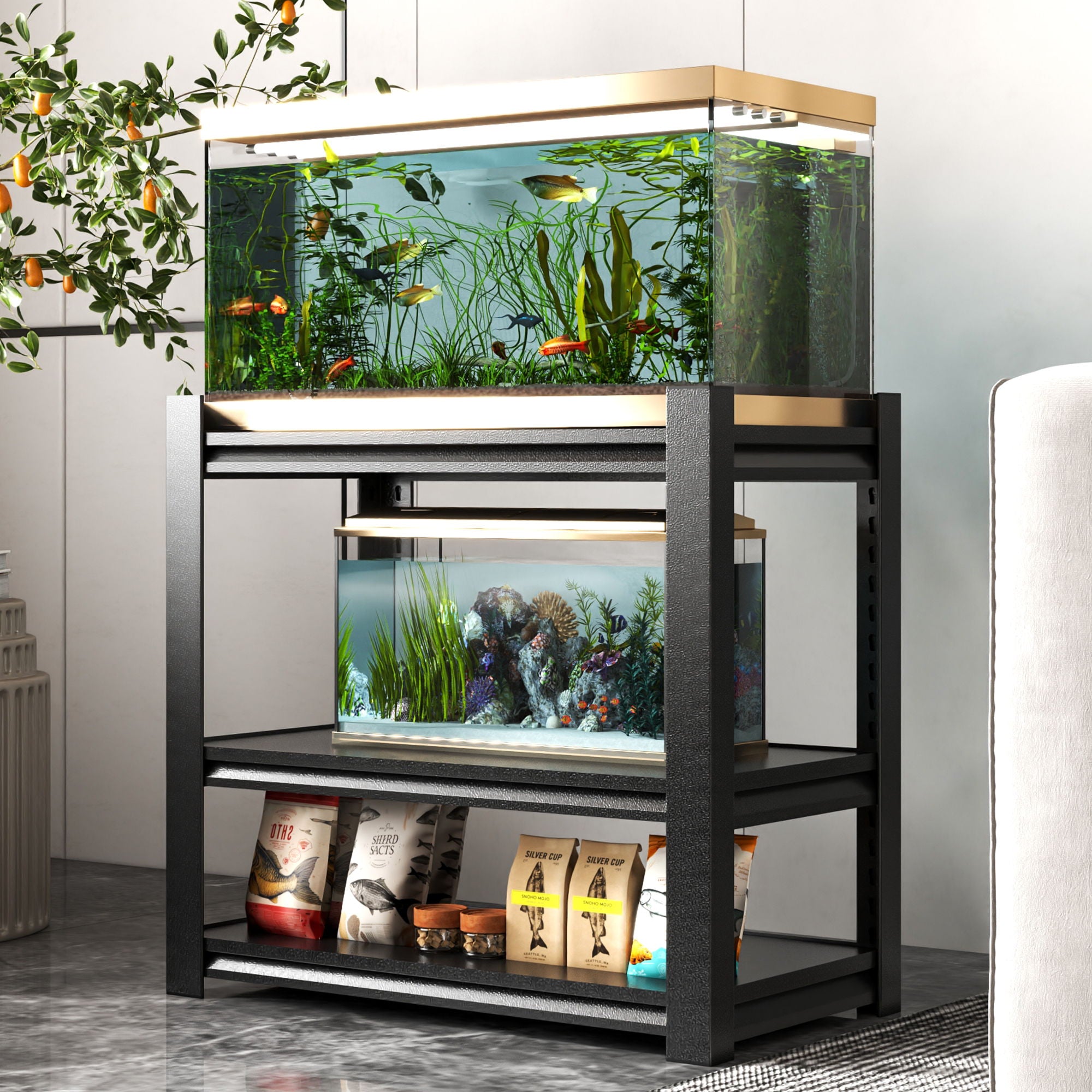 Stylish Metal Aquarium Stand For 20 - 30 Gallon Tanks, 3 Tier Adjustable Shelf