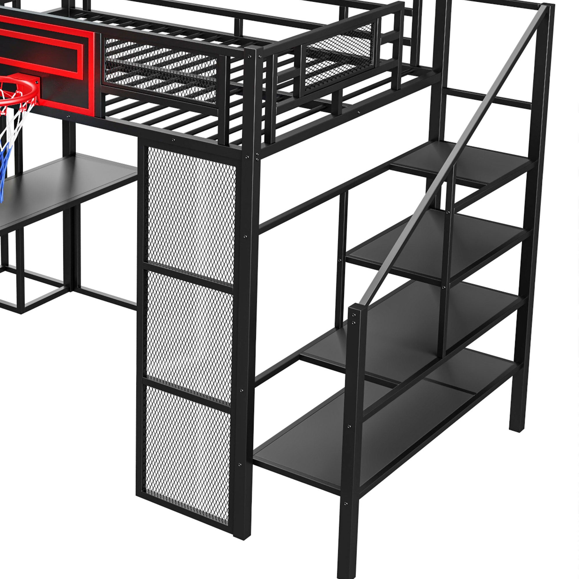 Loft Bed With Built In Desk, Open Wardrobe, Basketball Hoop, Slide And Staircase
