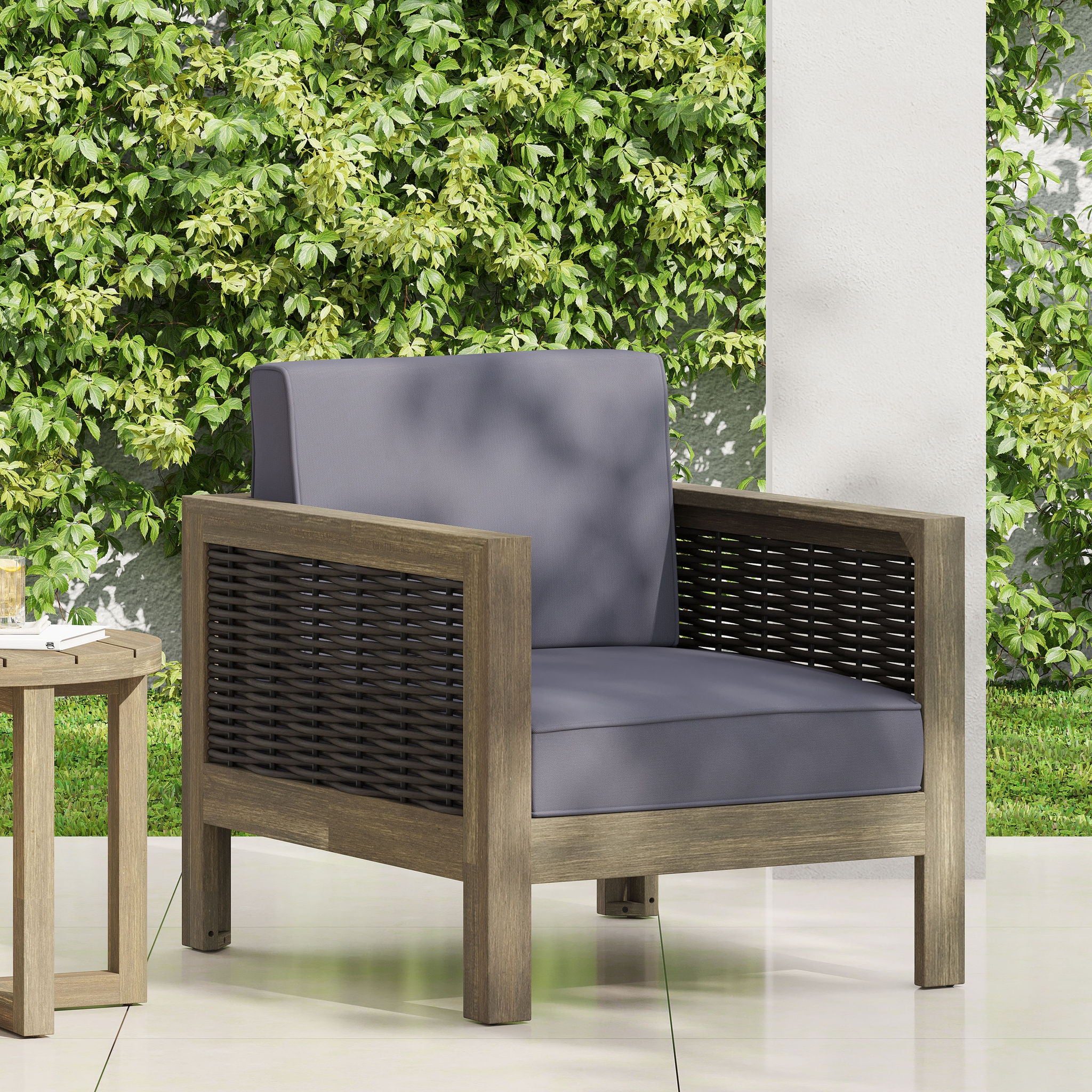 Outdoor Acacia Wood Club Chair With Wicker Accents
