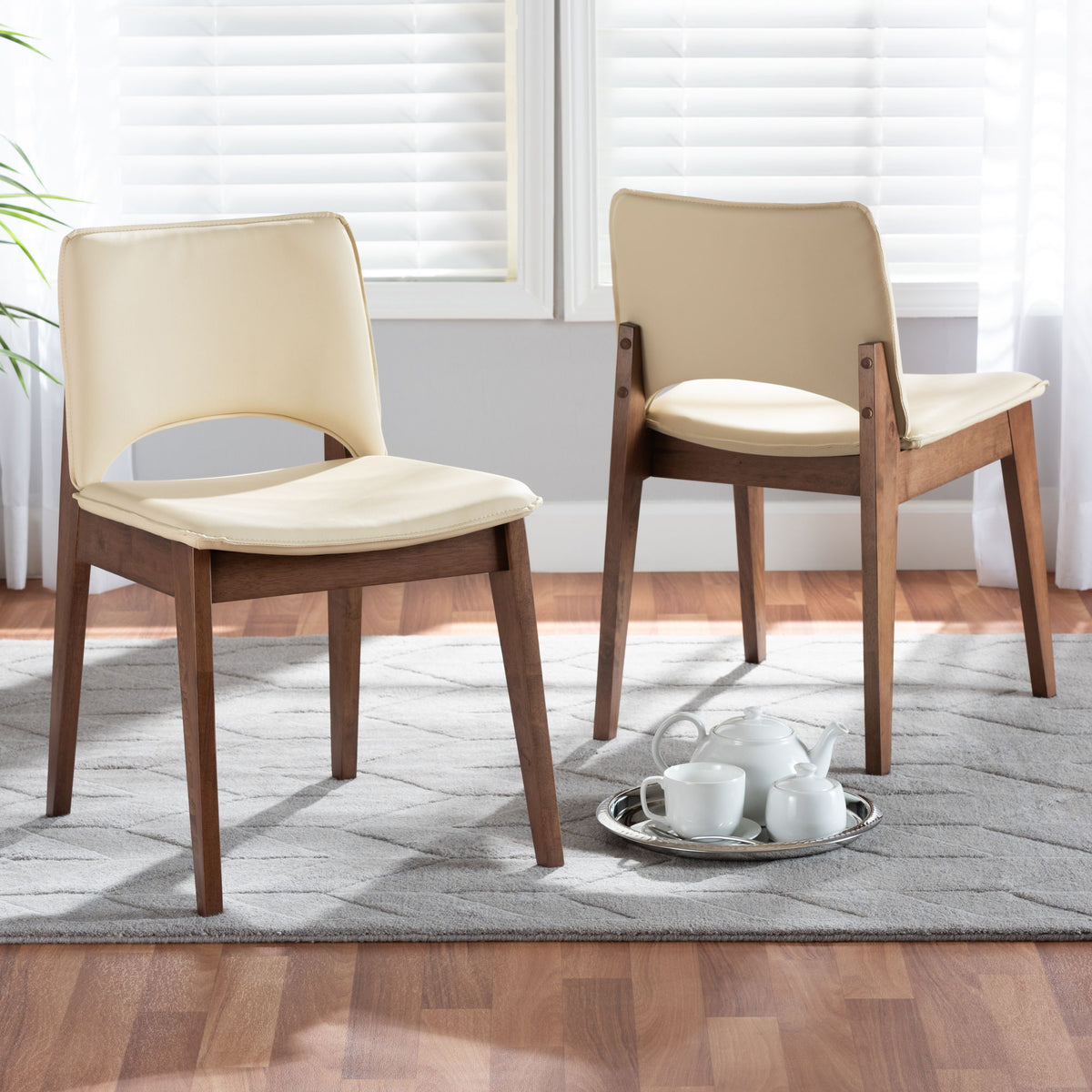 Afton Mid-Century Modern Beige Faux Leather Upholstered and Walnut Brown Finished Wood 2-Piece Dining Chair Set