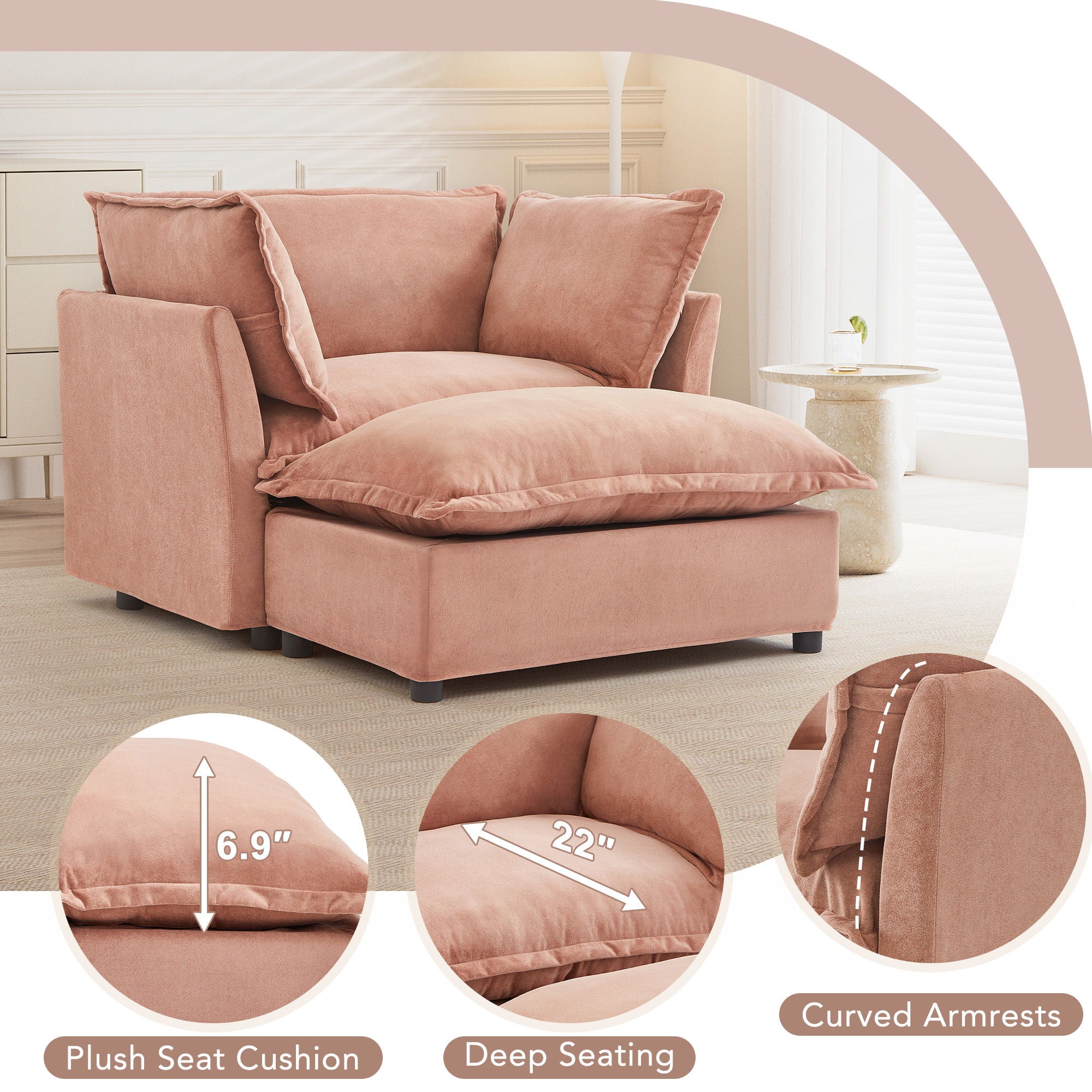 Modern Cozy Upholstered Armchair Sofa With Movable Ottoman