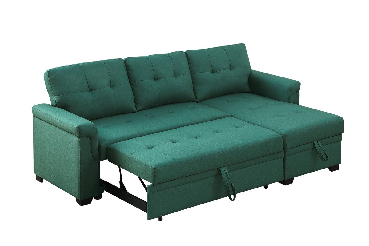 Lucca 84"W Green Linen Reversible Sleeper Sectional Sofa with Storage Chaise