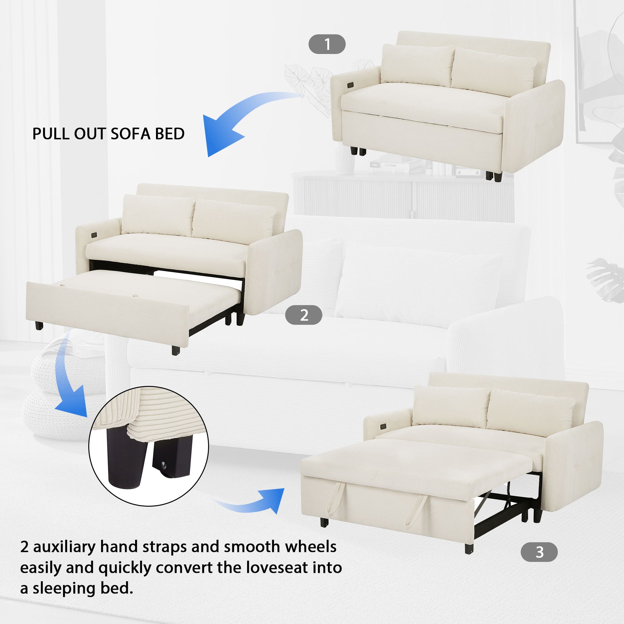 Pull-Out 2 Seat Modern Sleeper Sofa With 2 Throw Pillows And USB Ports