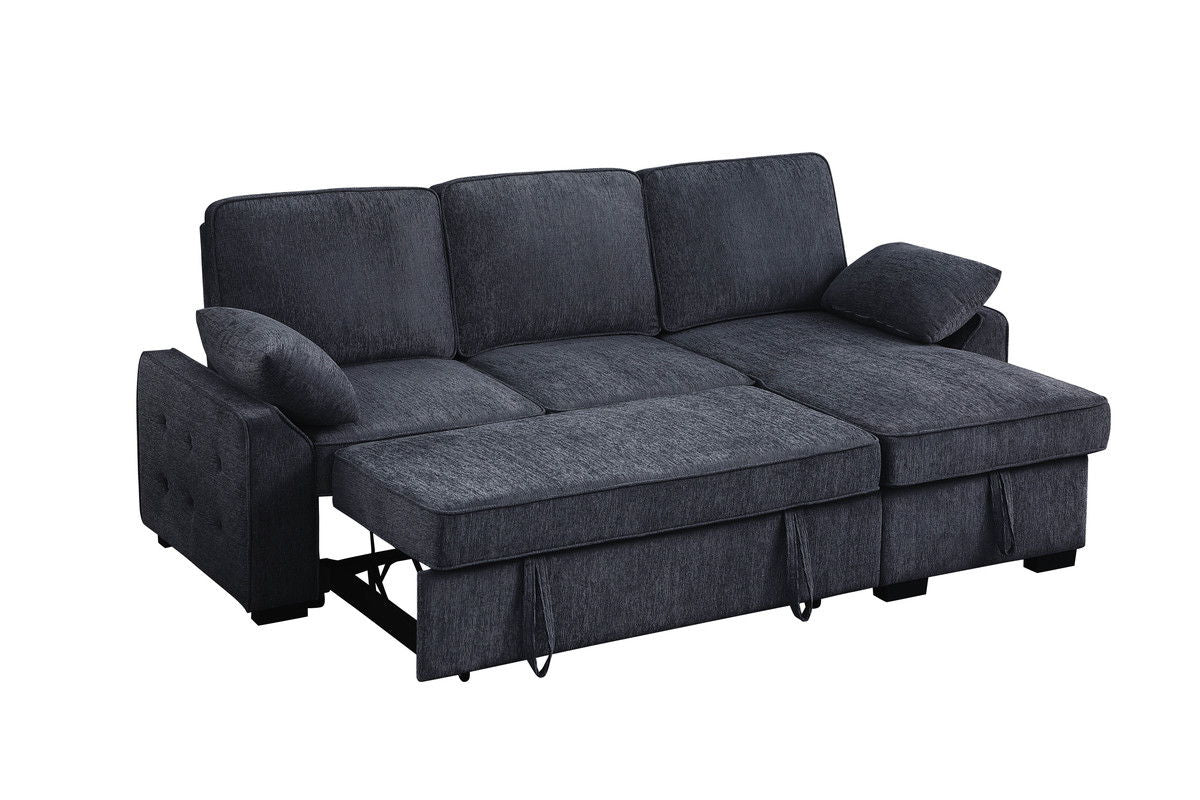 Mackenzie 91"W Charcoal Chenille Fabric Reversible Sleeper Sectional with Storage Chaise, Drop-Down Table, Cup Holders and Charging Ports