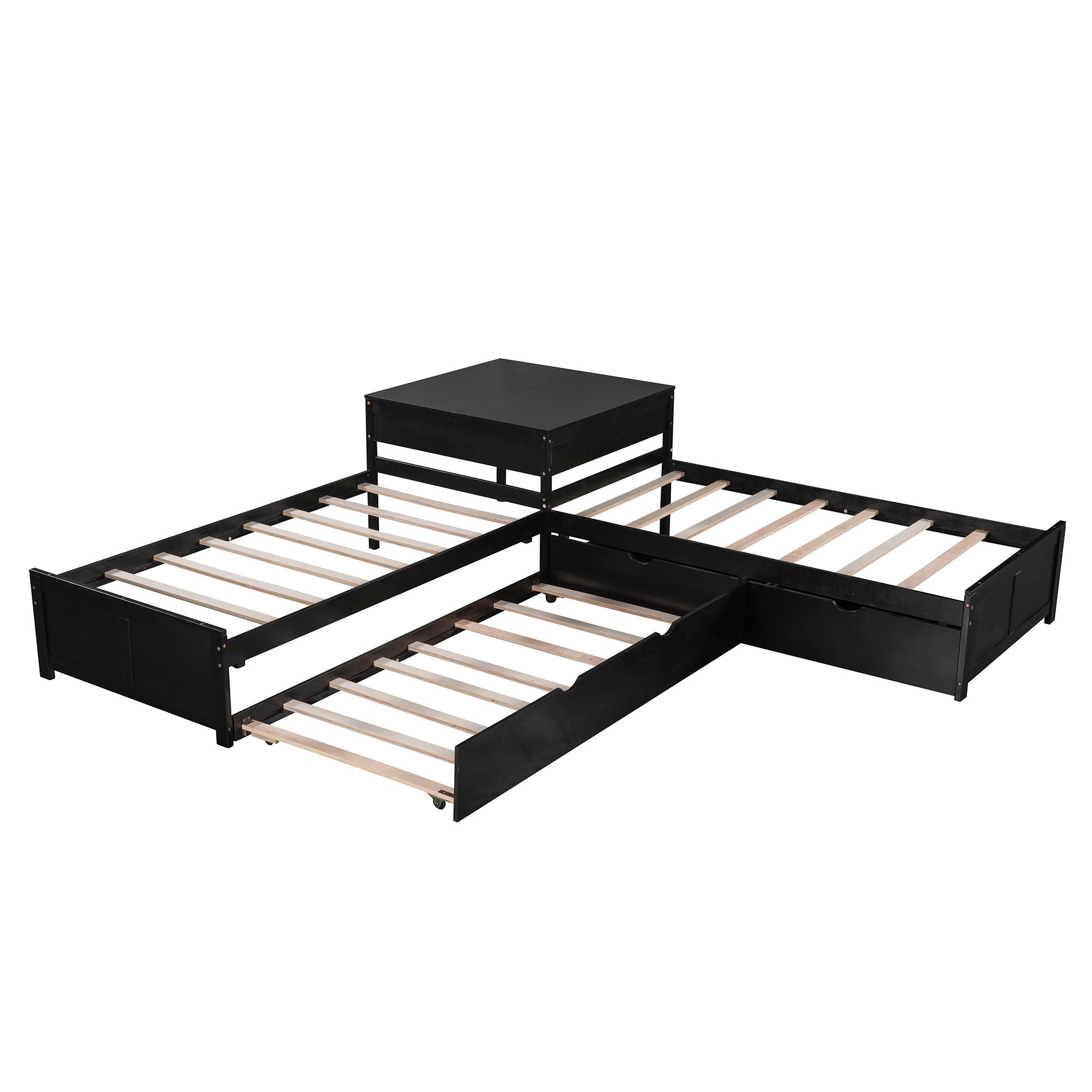 L Shaped Platform Bed With Trundle And Drawers Linked With Built In Desk