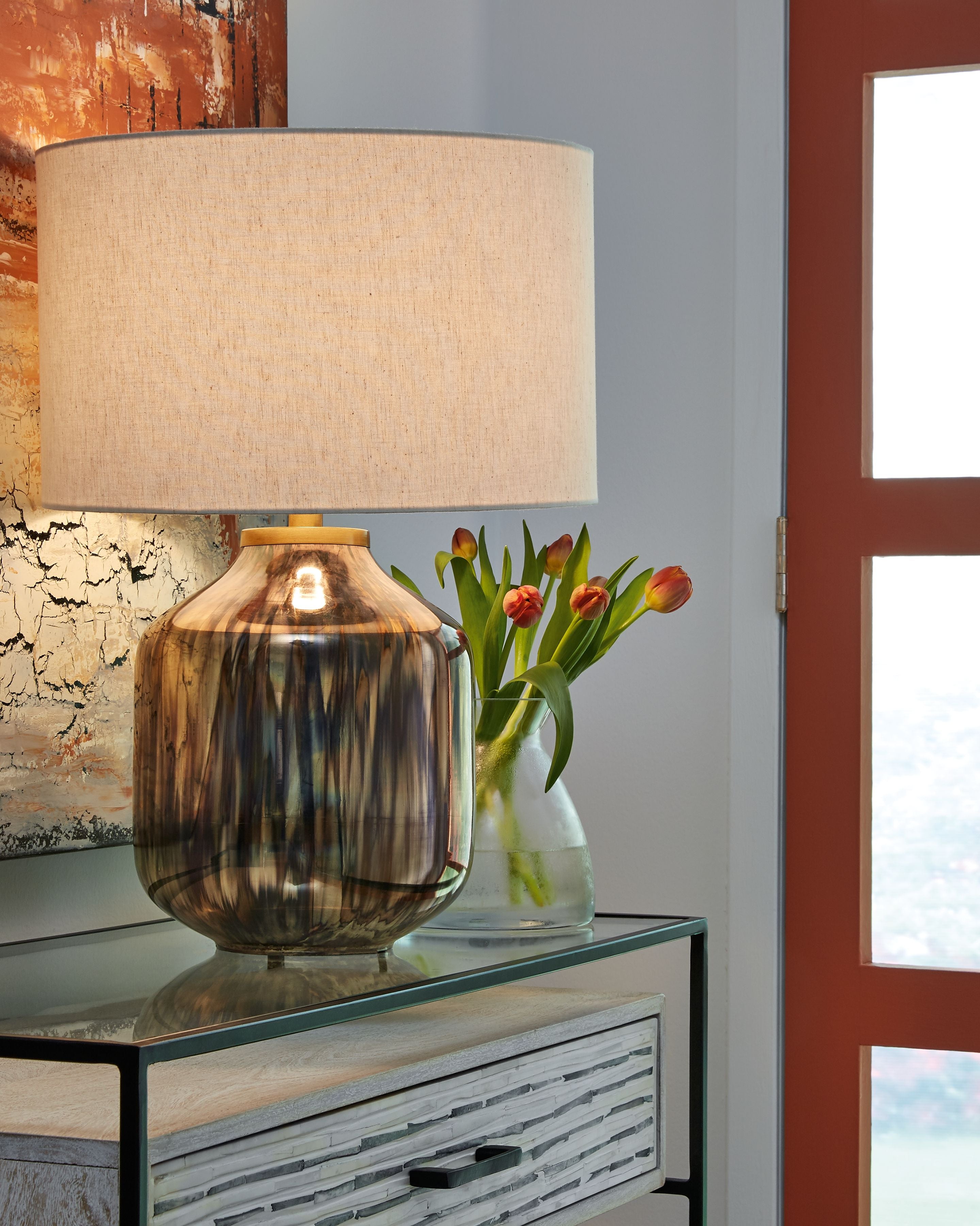 Signature Design by Ashley® Jadstow - Black / Silver Finish - Glass Table Lamp | Meri Furniture