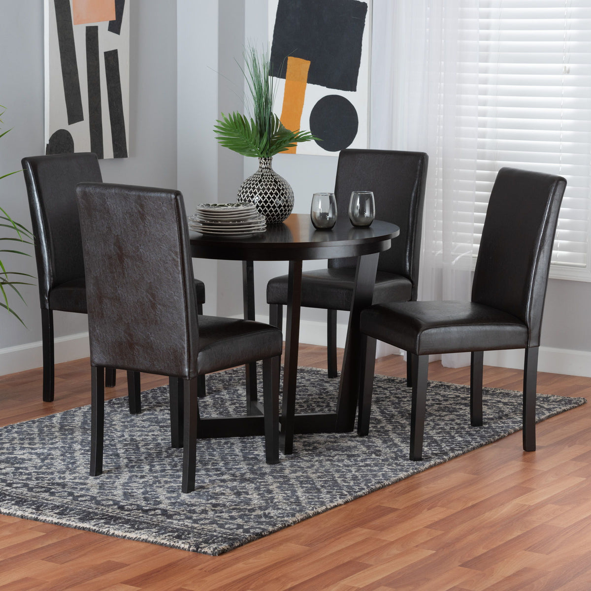 Bruna Modern Dark Brown Faux Leather and Espresso Brown Finished Wood 5-Piece Dining Set