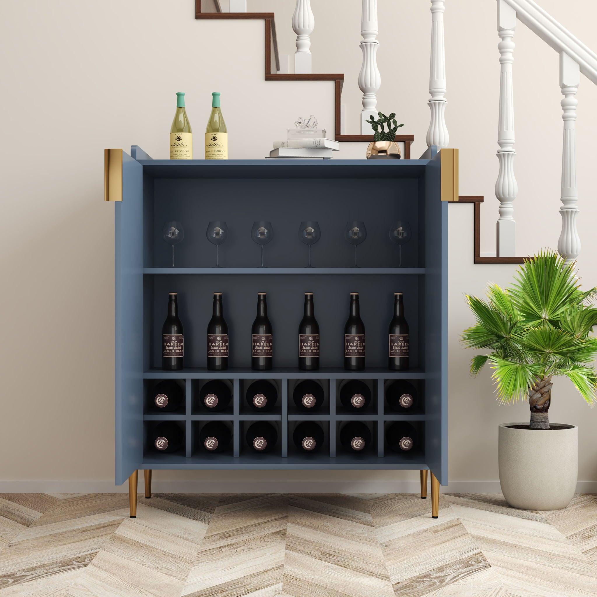 Wine Bar Cabinet With Adjustable Shelf, 2 Door Sideboard With Soft-Closing Hinges And Feet