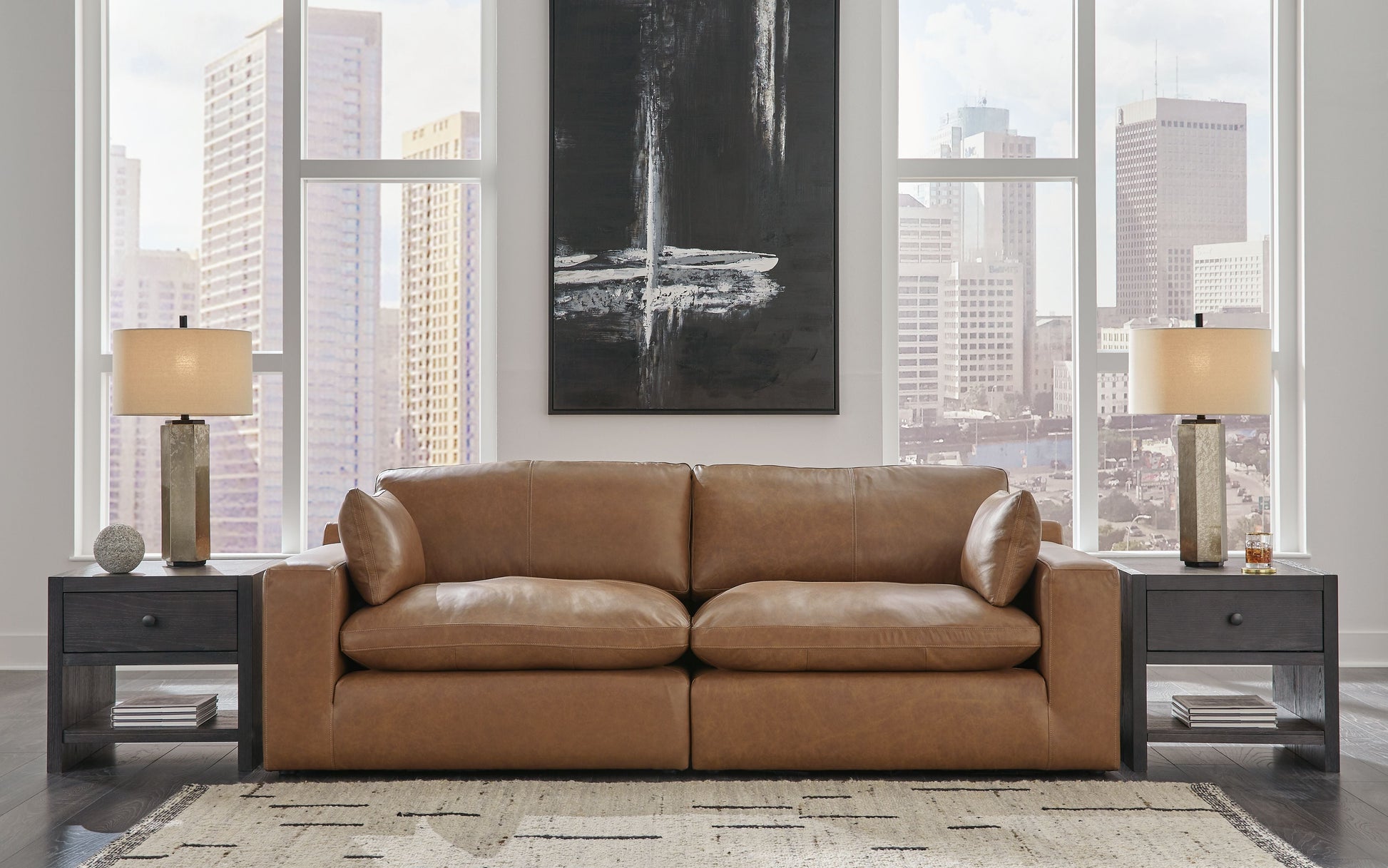 Signature Design by Ashley® Emilia - Caramel - 3 Pc. - 2-Piece Sectional Loveseat, Ottoman | Meri Furniture