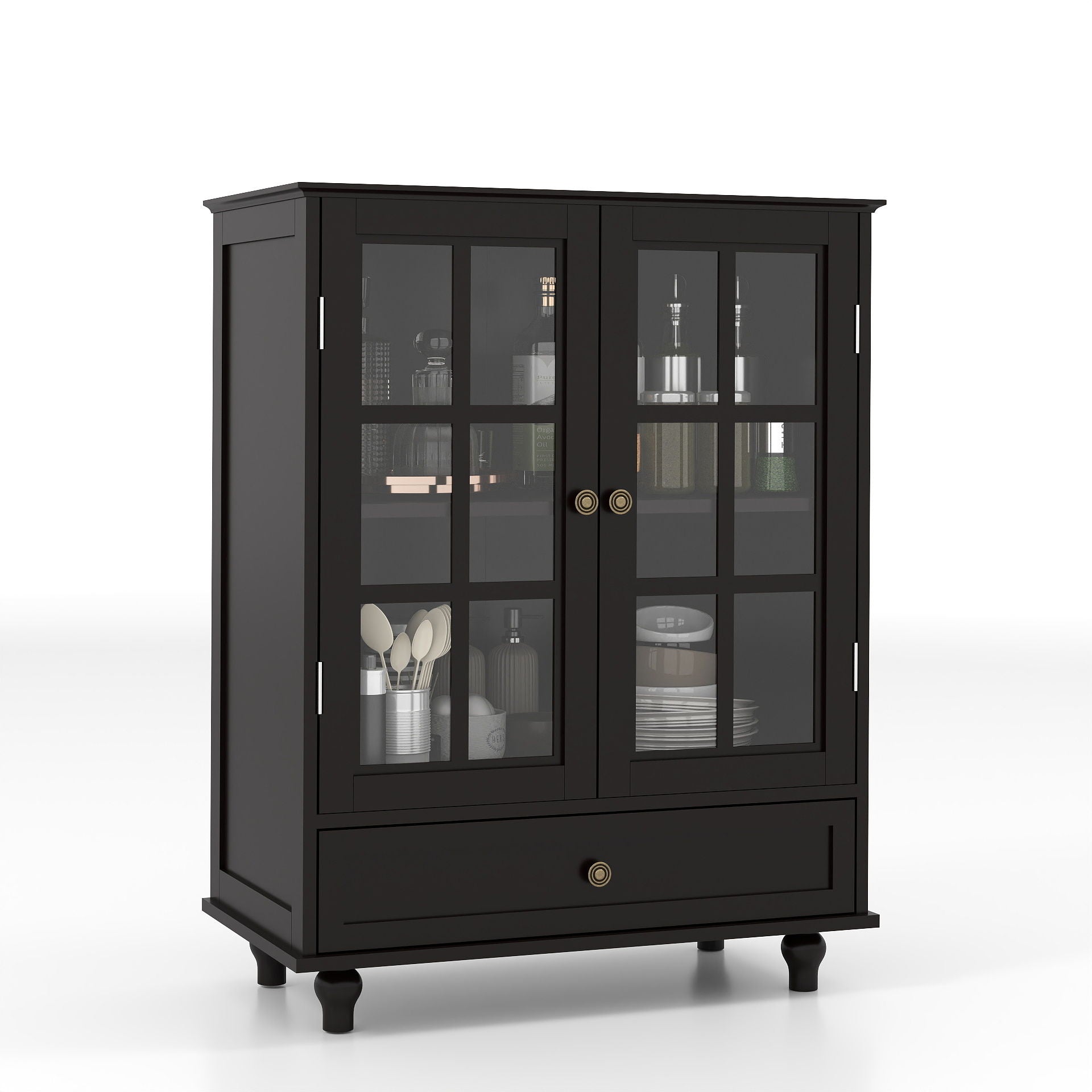 Minimalist Buffet Cabinet With Double Glass Doors And Drawer