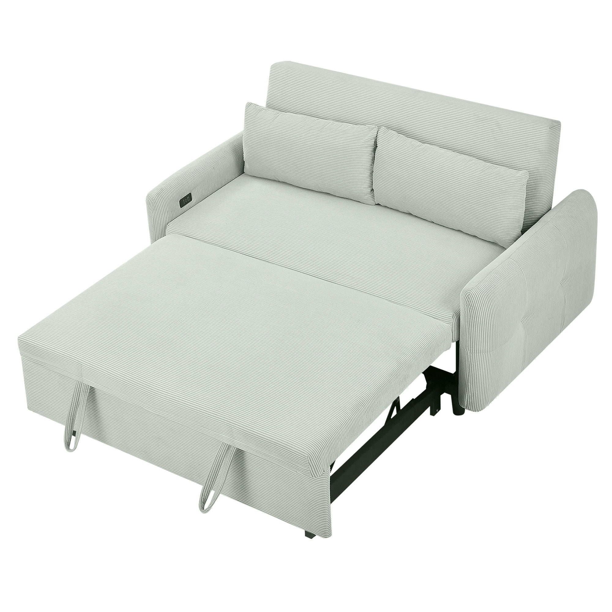 Pull-Out 2 Seat Modern Sleeper Sofa With 2 Throw Pillows And USB Ports