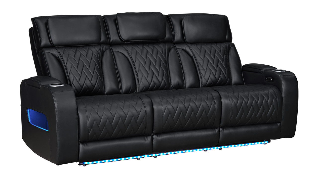 Jazz 84"W Black Leather Aire Transformer Power Reclining Sofa with Power Headrest, LED Lights, Wireless Charging Drop-Down Table, USB & USB-C Ports, Storage & Cupholders