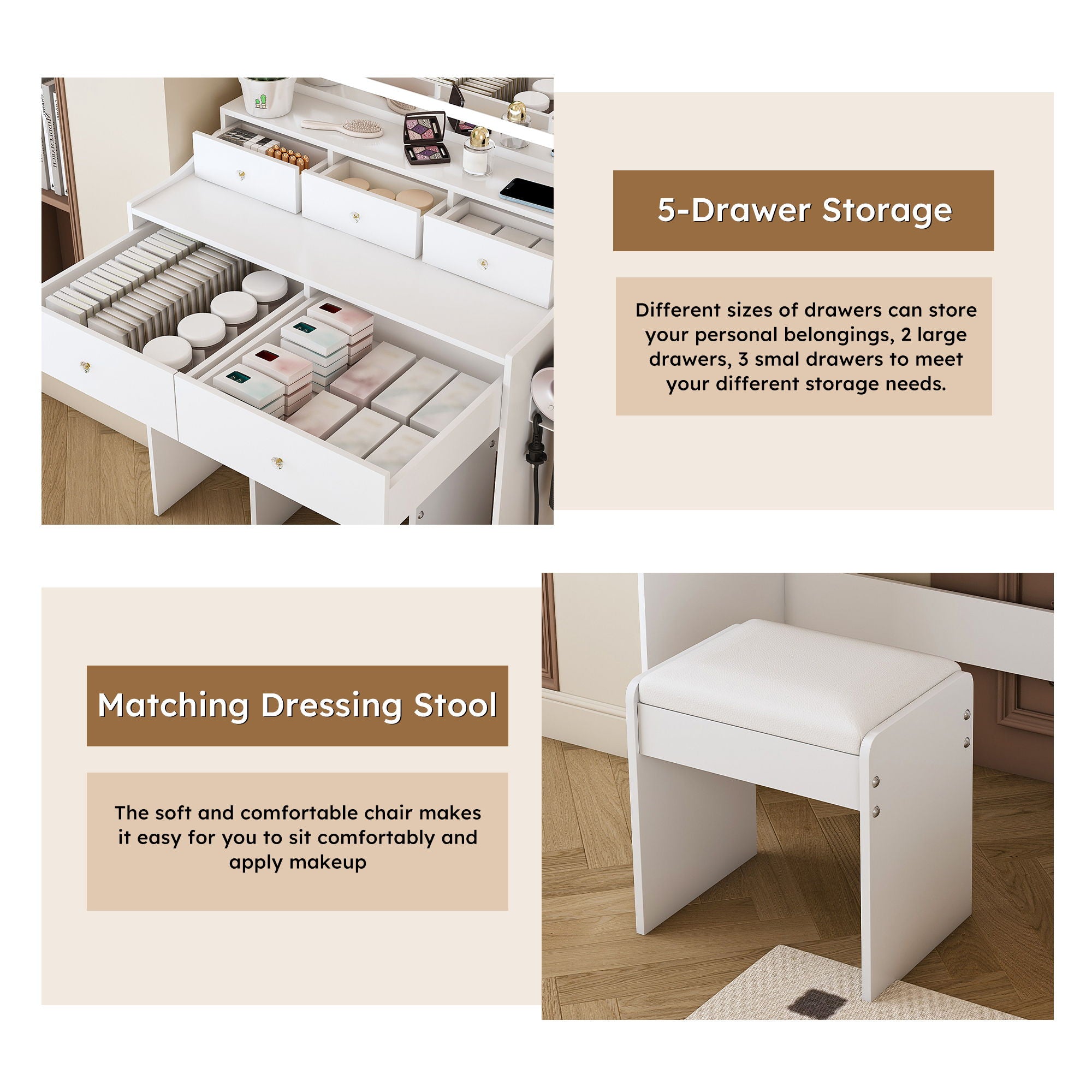 Modern Makeup Vanity Set With Power Outlet, Hair Dryer Holder, And Adjustable Lighting