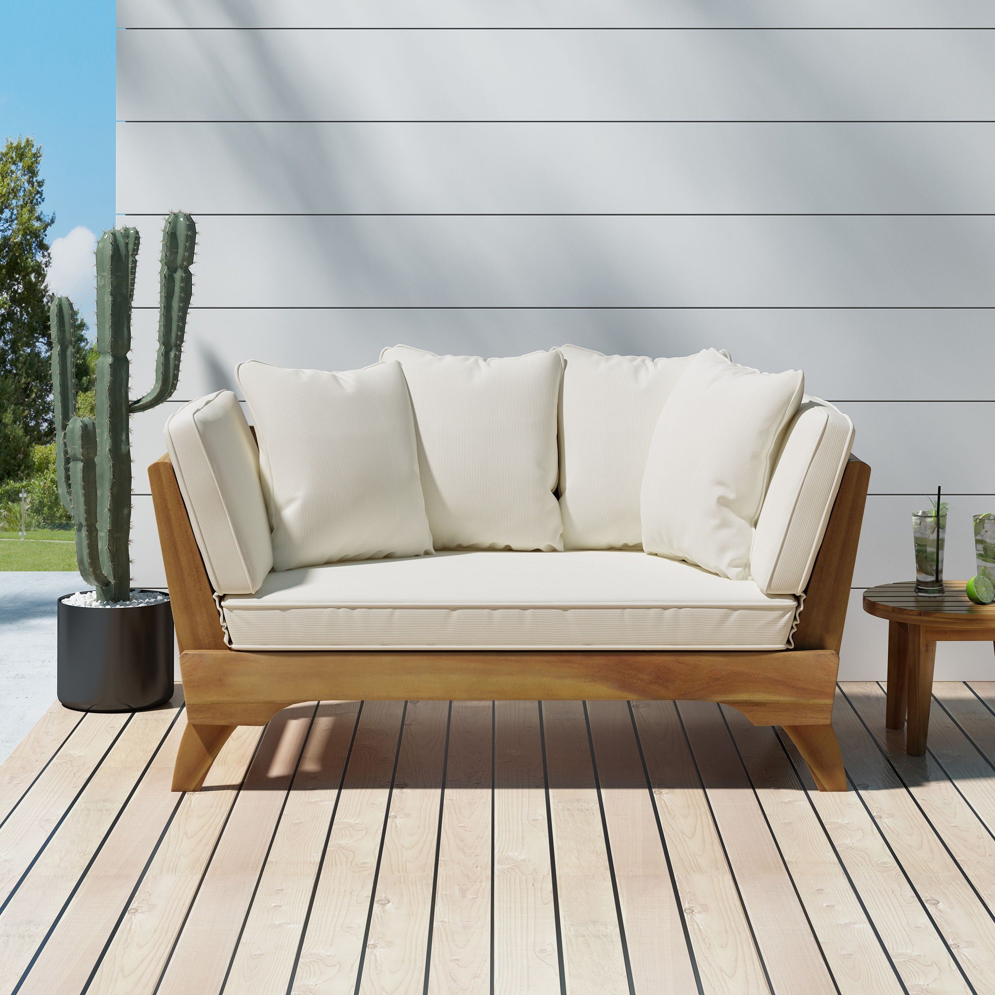 Outdoor Acacia Wood Expandable Daybed With Cushions