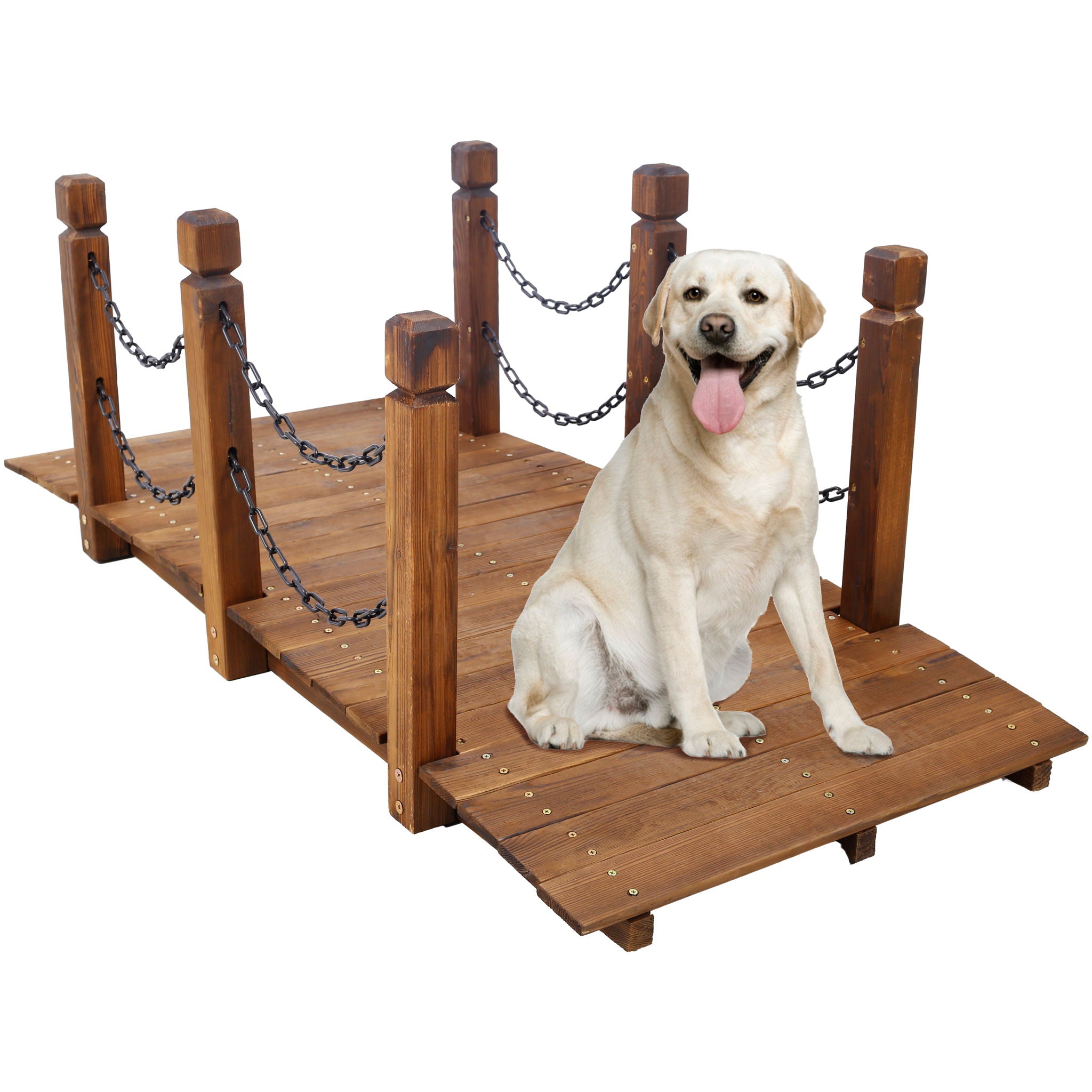 Wooden Arc Footbridge With Chain Railings For Backyard Creek Stained 5 Ft - Brown