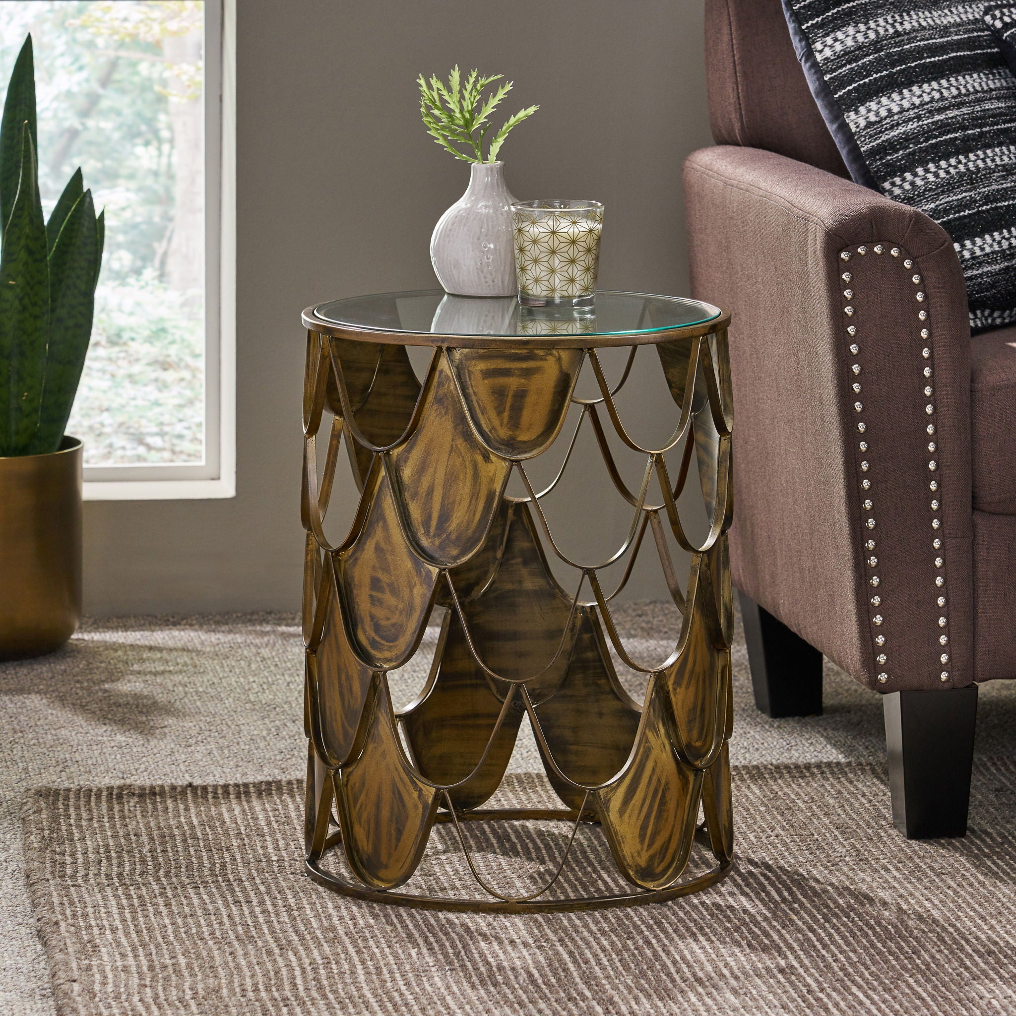Boho Glam Pino Side Table With Fish Scale Design Tempered Glass Top - Brown