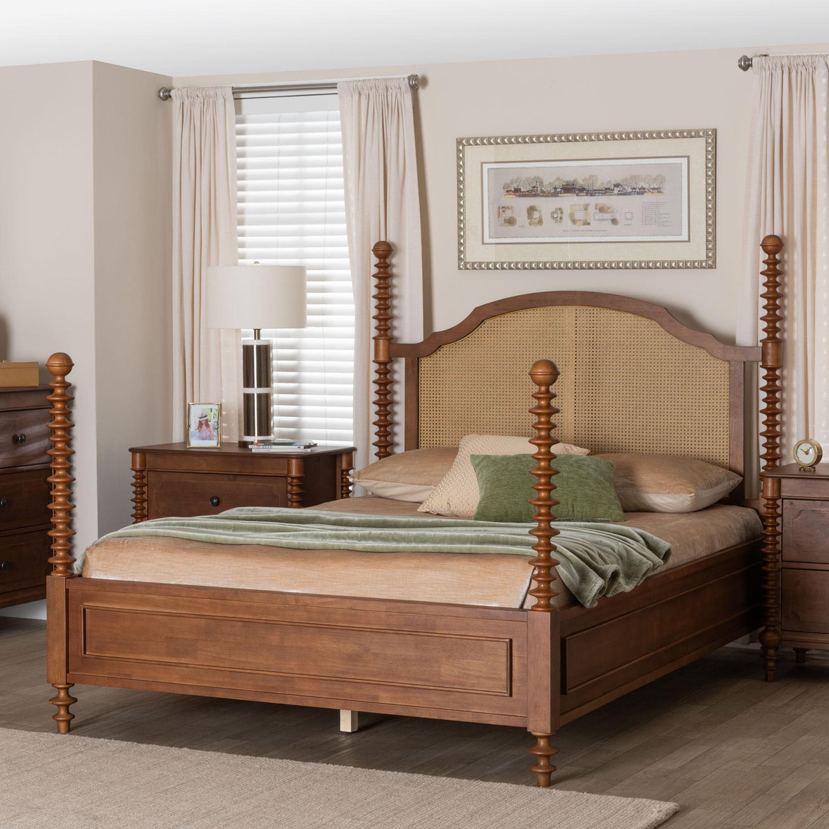 Neviah Four Poster Bed with Woven Rattan Headboard, Queen, Walnut Brown