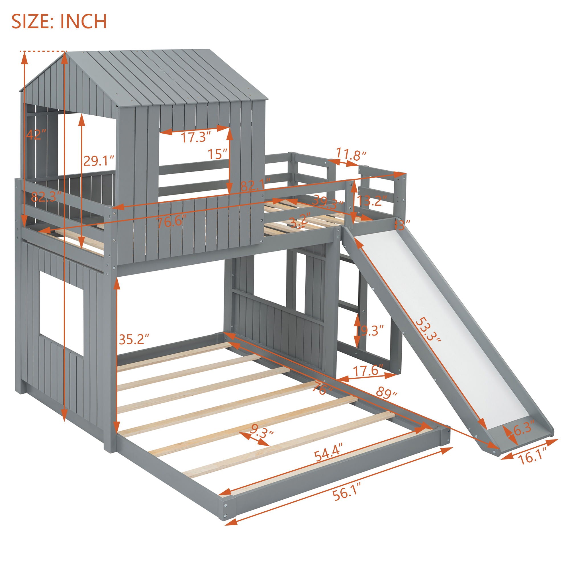 Loft Bunk Bed With Playhouse, Farmhouse, Ladder, Slide And Guardrails