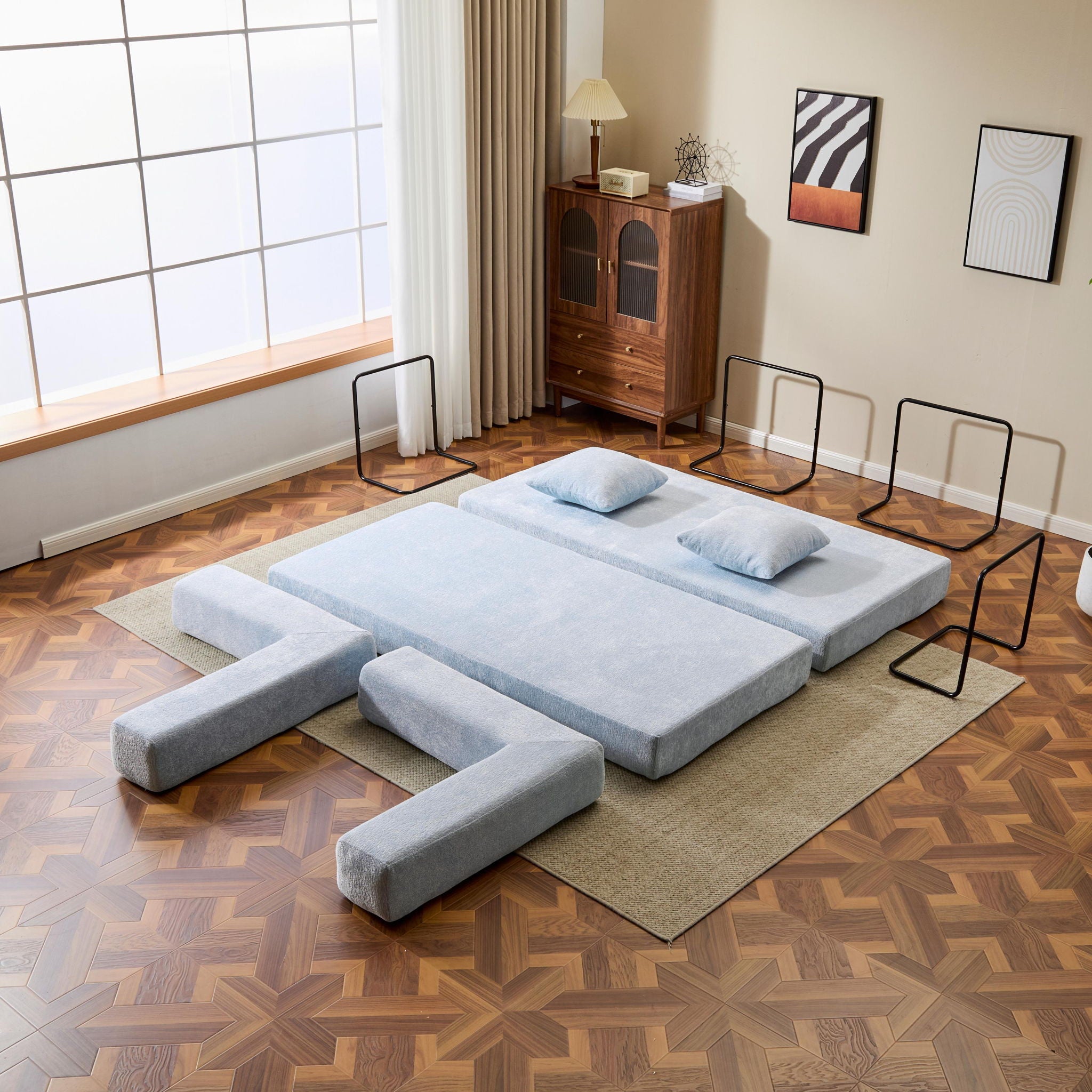 Convertible Floor Sofa Bed With Pillow Back Support Armrest