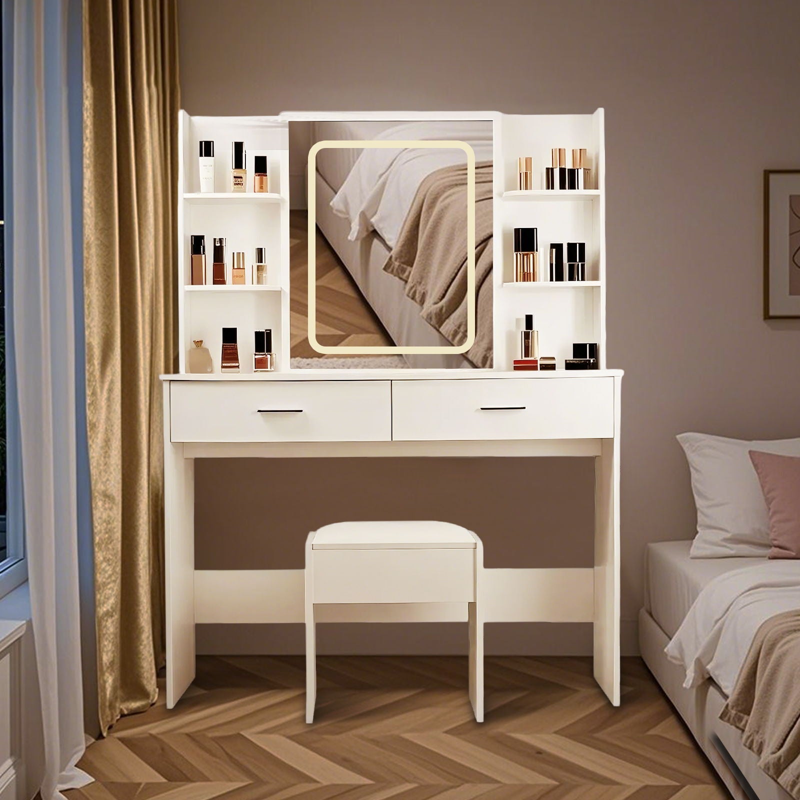 Vanity Desk With Mirror And LED Lights 3 Lighting Modes And Power Outlet 2 Spacious Drawers And Stool - White