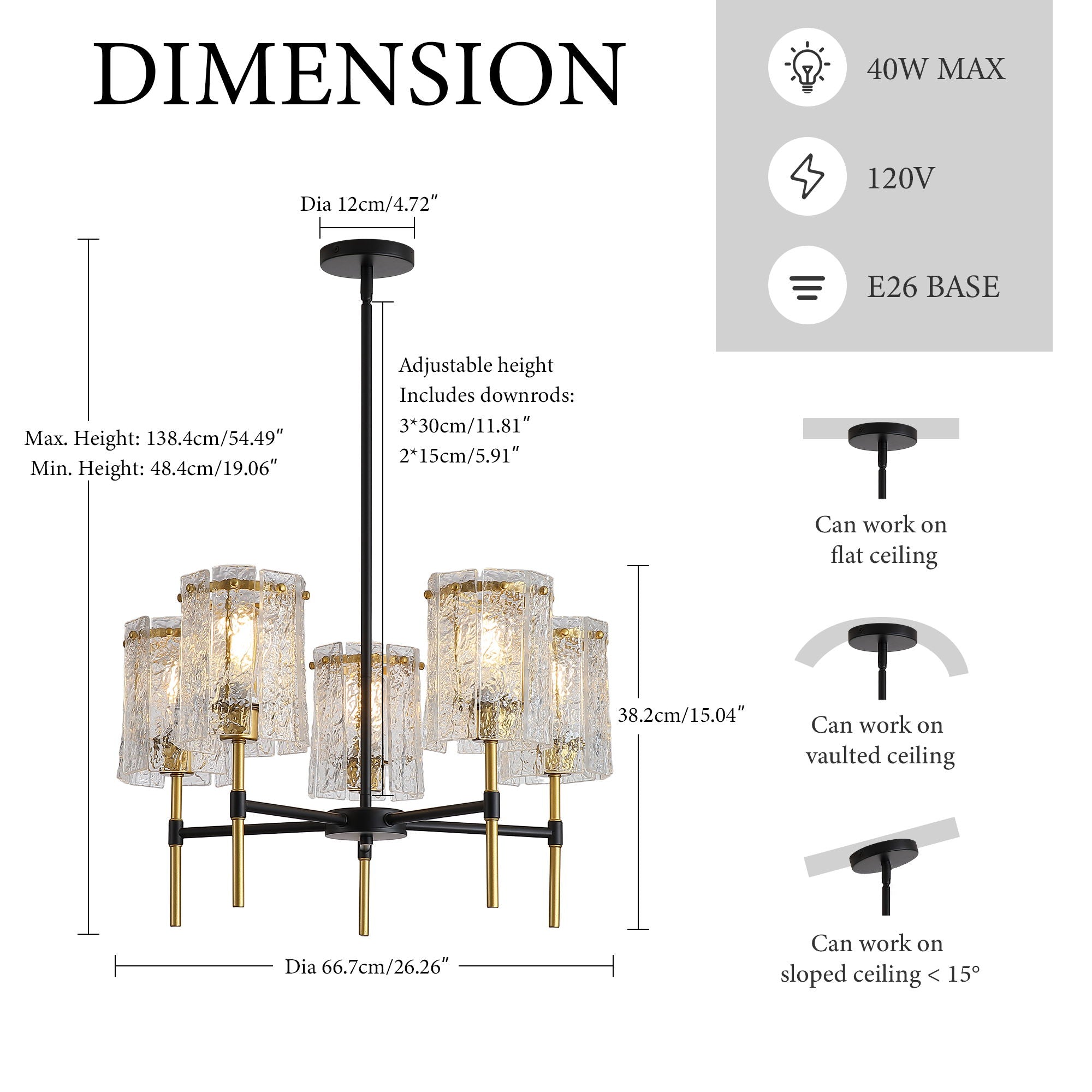 5 Light Chandelier, Textured Glass Pendant Light, (Not Including The Bulb) For Living Room - Black / Gold