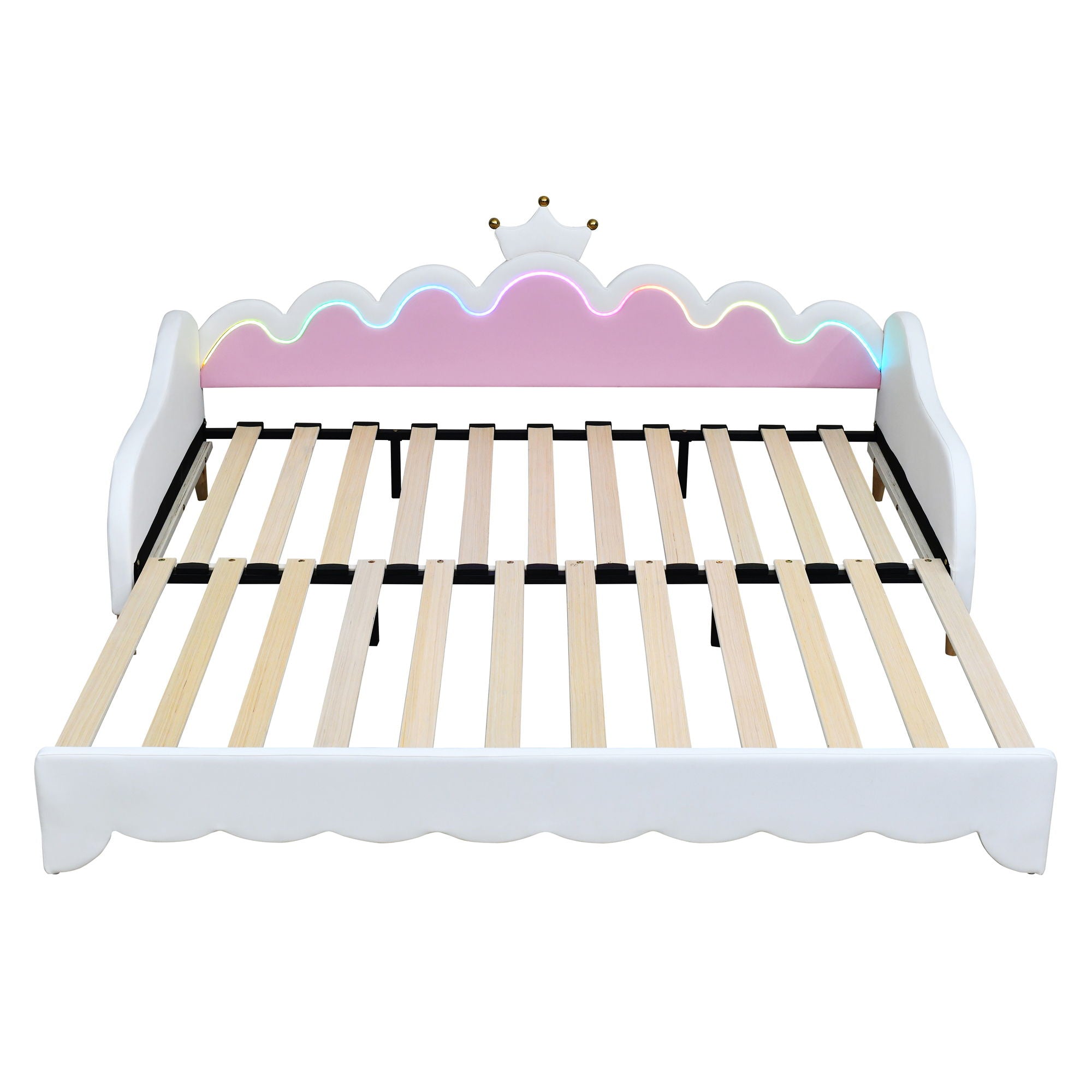 Extending Daybed With LED Lights, Modern Upholstered Princess Daybed With Crown Headboard