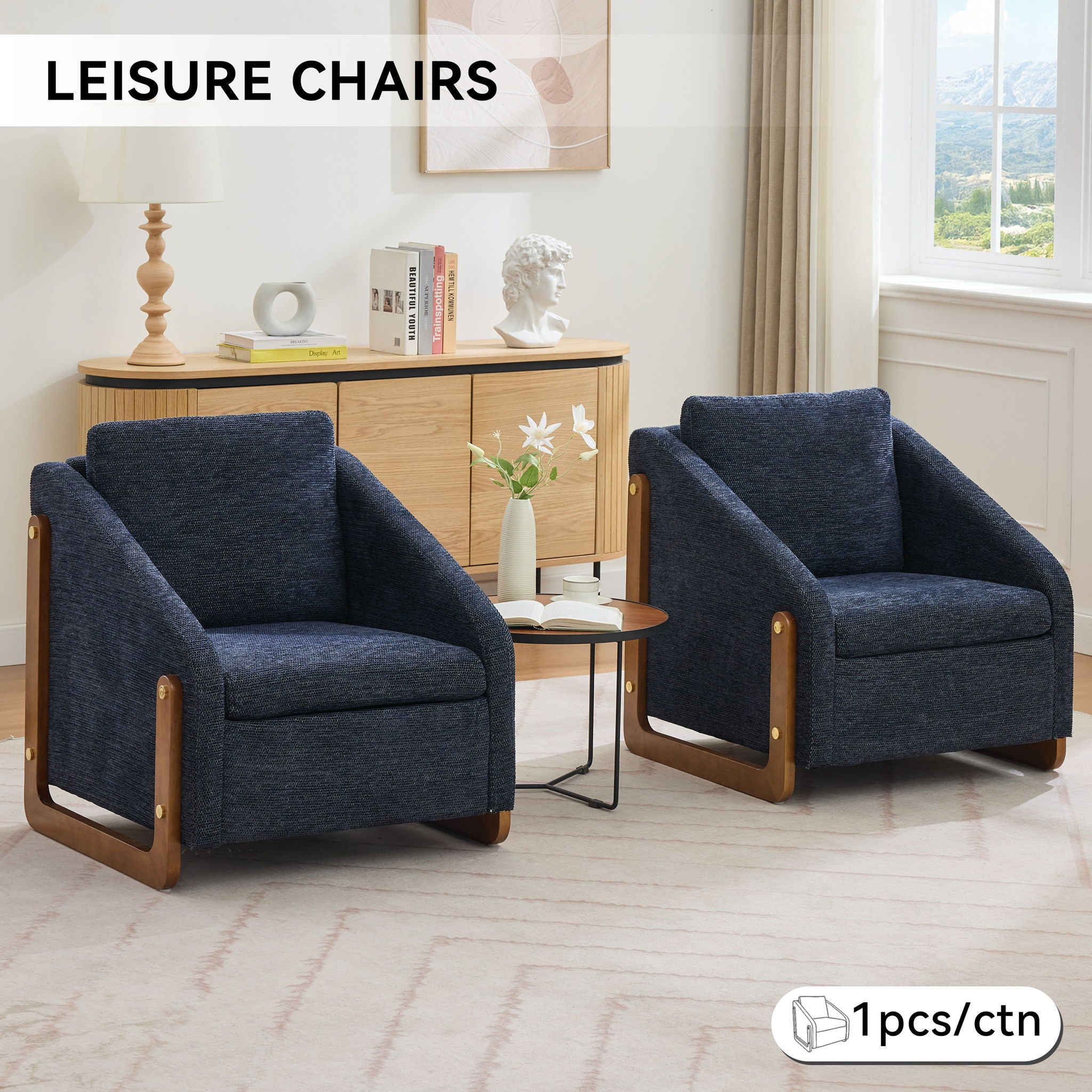 Modern Chenille Upholstered Armchair With Wooden Side Frame
