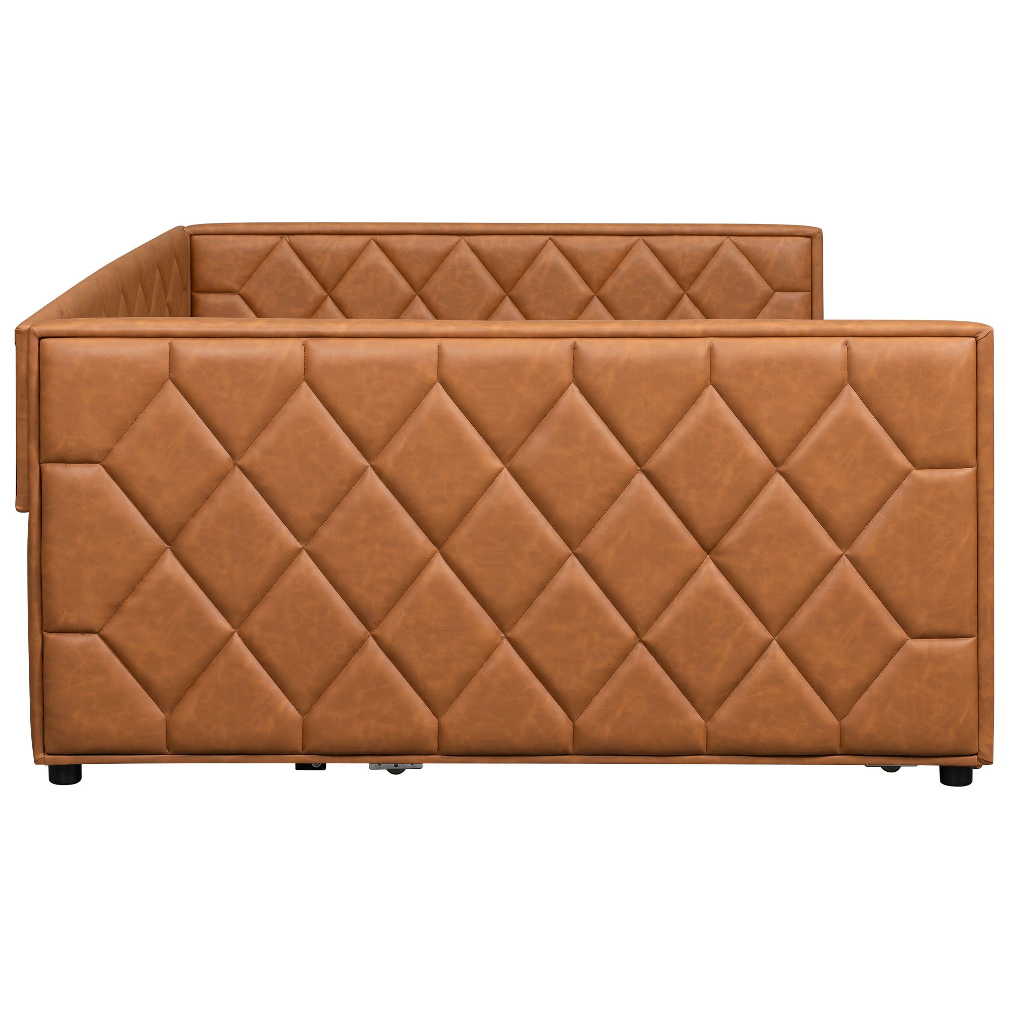 Upholstered Full Long Daybed With Trundle And LED Armrests - Brown