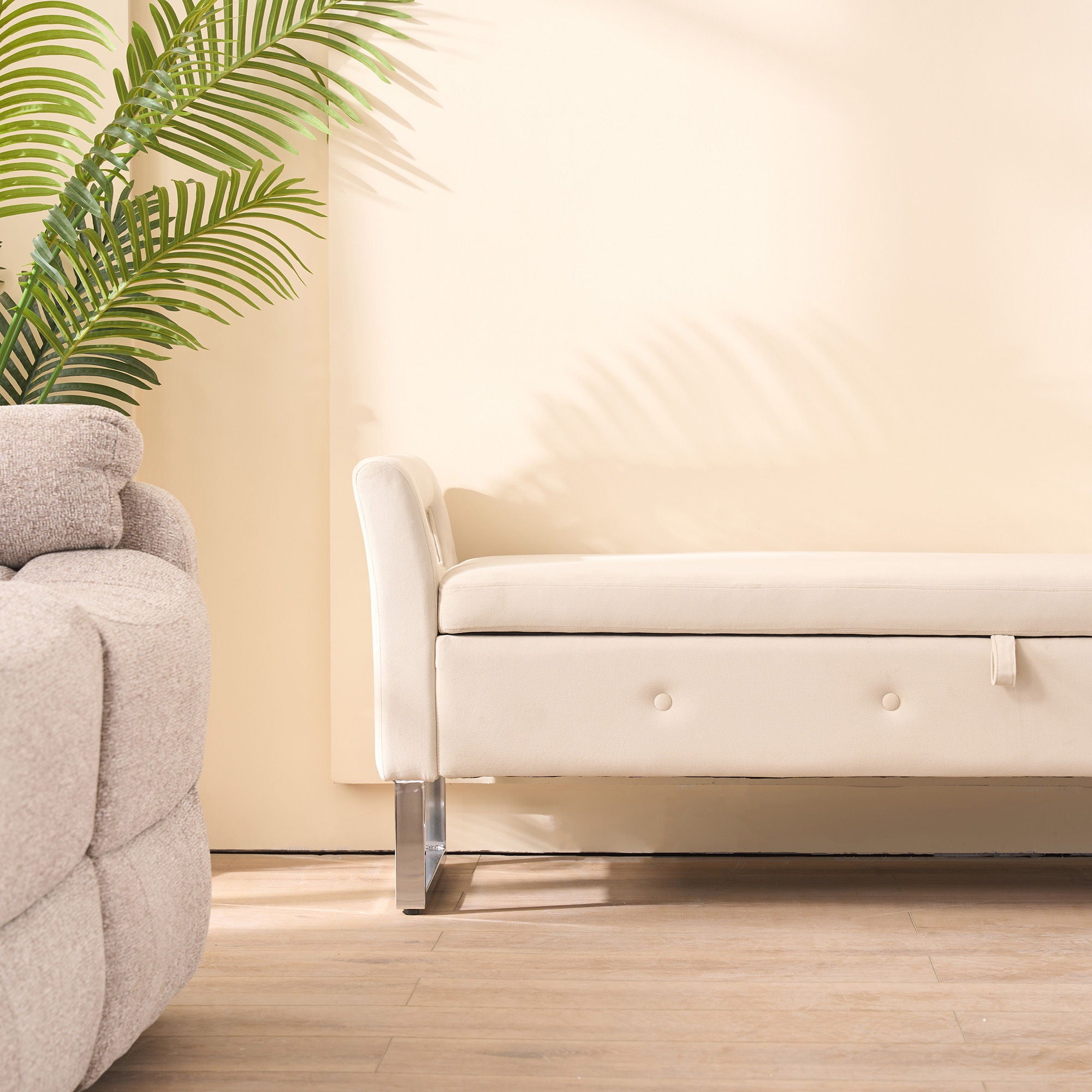 Wide Storage Soft Ottoman Bench With Armrests