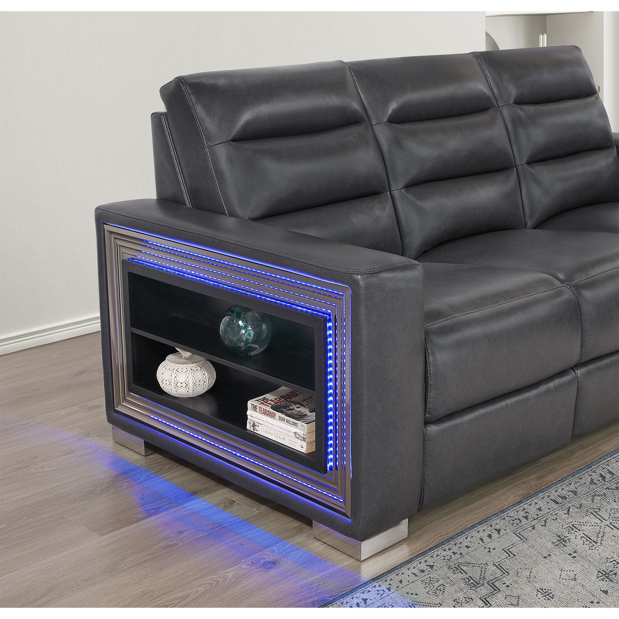 Yamein - Power Reclining Loveseat With Bookcase Arms And LED Lights - Charcoal