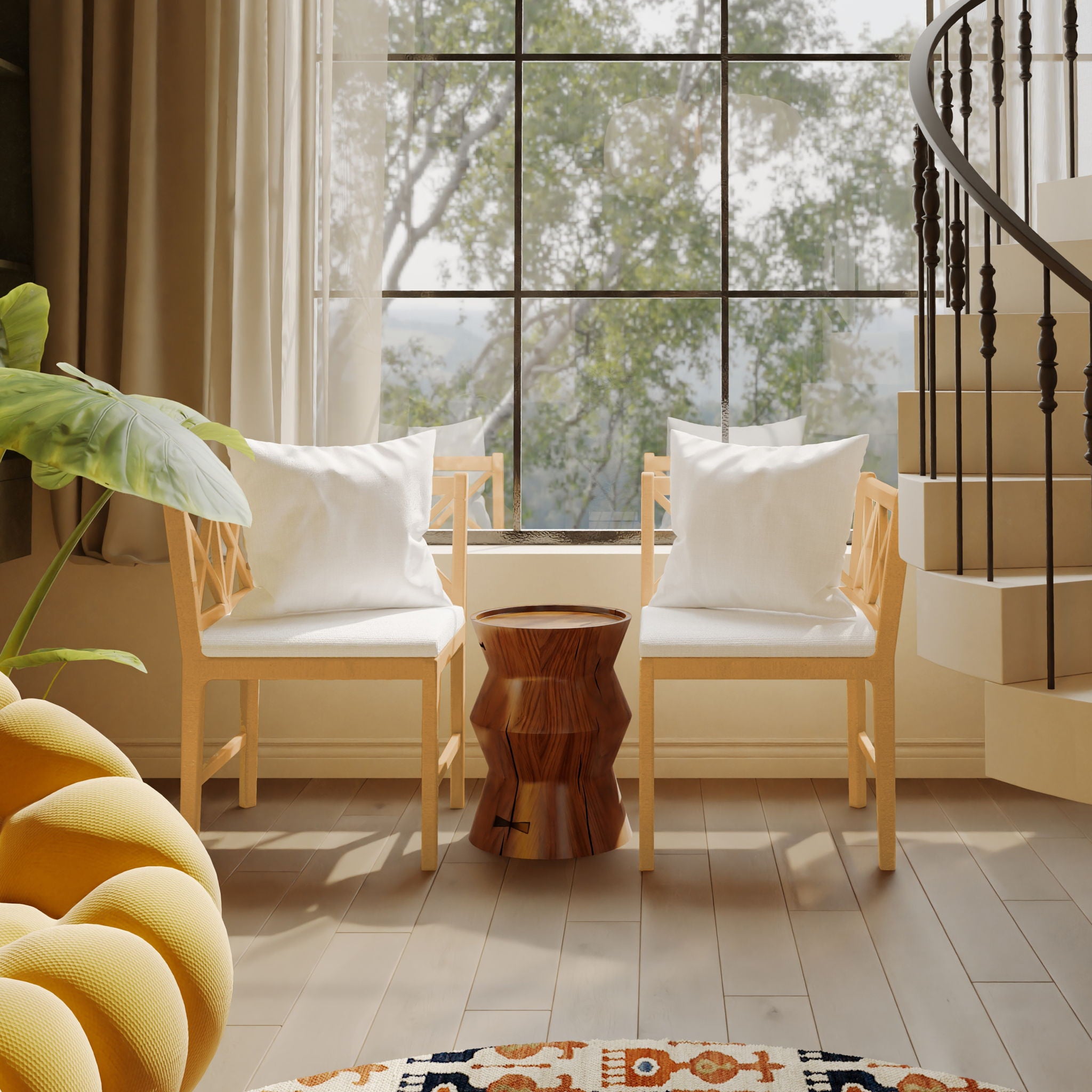 Farmhouse Modern Dining Corner Chairs (Set of 2) With Handwoven Rattan Backrests And Solid Wood Legs - Natural / White